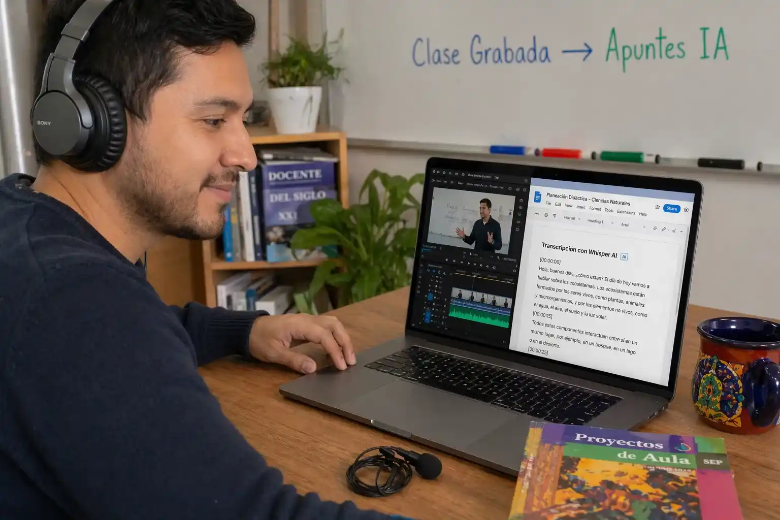 Un maestro mexicano utiliza la tecnología Whisper IA en su computadora para sacar el audio de un video de su clase y convertirlo automáticamente en apuntes académicos detallados, optimizando su productividad docente en 2026