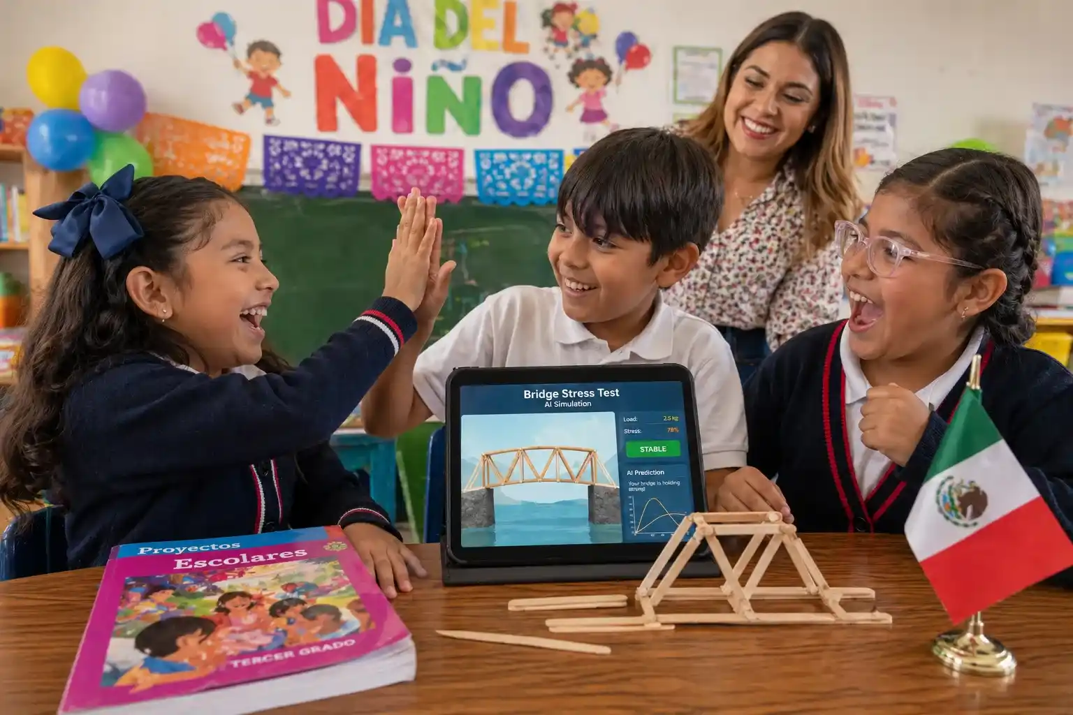 Un grupo de niños de primaria en México festeja el 30 de abril realizando un reto STEM de ingeniería asistido por inteligencia artificial, fomentando el aprendizaje lúdico y el pensamiento científico en un aula con luz natural.