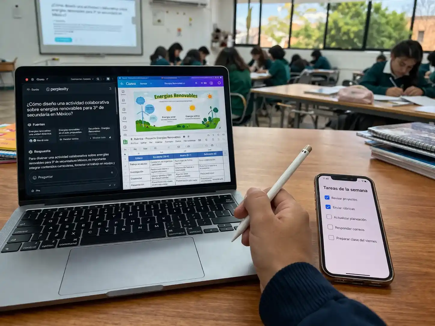 Maestro revisando apps de productividad con IA en su laptop para optimizar la enseñanza en el aula.