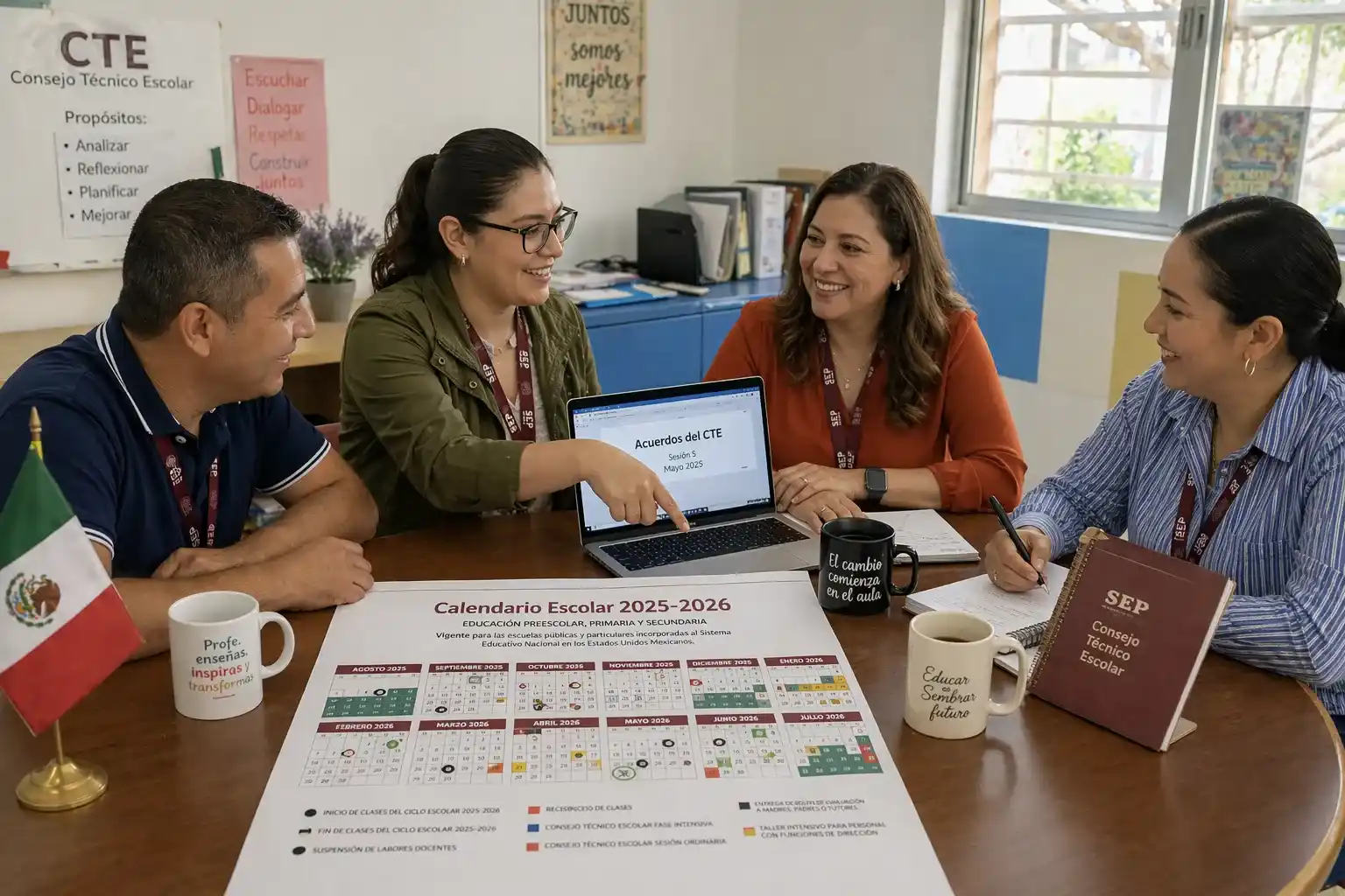 Docentes de educación básica en México participan en la séptima sesión del Consejo Técnico Escolar (CTE) de abril 2026, analizando el calendario oficial y los avances del trimestre en un ambiente colaborativo.