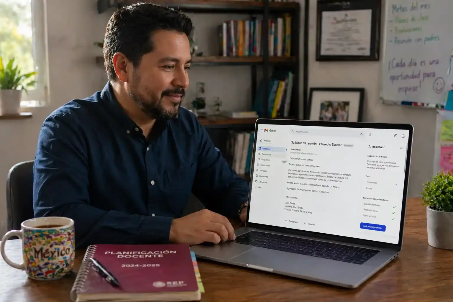 Un maestro mexicano utiliza inteligencia artificial en su computadora para redactar un correo formal institucional, siguiendo protocolos de cortesía y profesionalismo en un entorno de trabajo organizado.