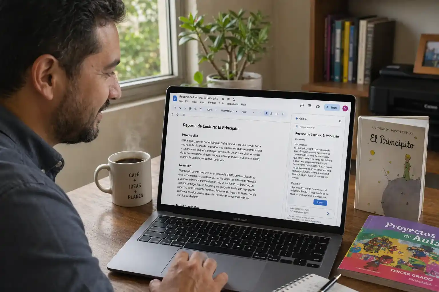 Un maestro mexicano utiliza la función de inteligencia artificial Gemini en Google Docs para generar un reporte de lectura automático para sus alumnos de primaria, integrando tecnología y pedagogía en un entorno de trabajo con luz natural.