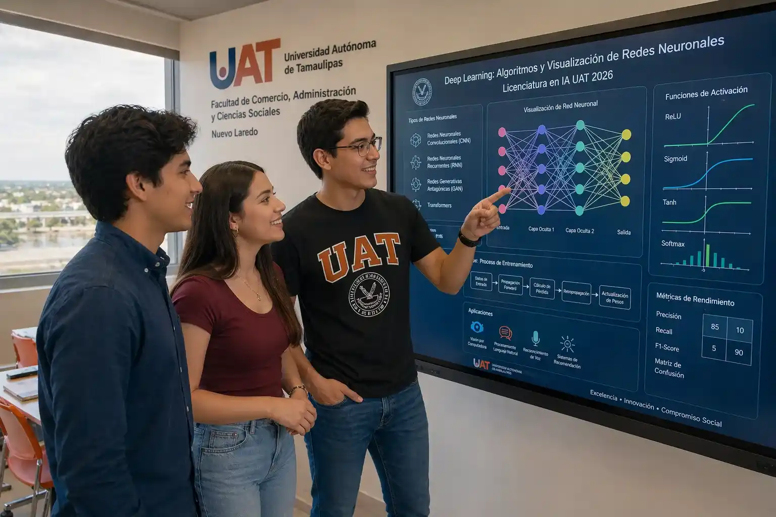 Un grupo de estudiantes de la Universidad Autónoma de Tamaulipas (UAT) en Nuevo Laredo, colaboran frente a una pantalla interactiva analizando algoritmos de aprendizaje profundo, marcando el inicio de la Licenciatura en Inteligencia Artificial UAT 2026.