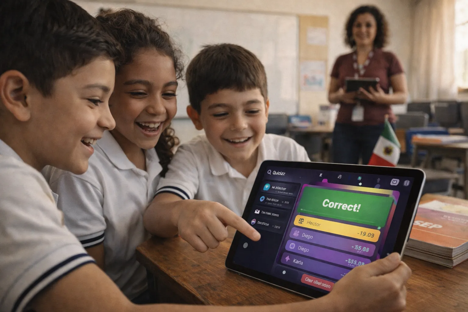Un grupo de alumnos de primaria en México se divierte usando Quizizz en una tableta para realizar un examen en línea gamificado, mientras su maestra supervisa los resultados en tiempo real en un aula con luz natural.