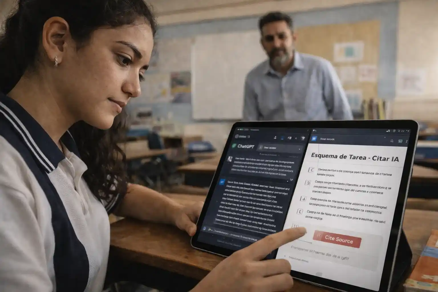 Una estudiante de preparatoria en Sonora, México, utiliza ChatGPT de forma ética para estructurar su tarea en una tableta bajo la supervisión de su maestro, ilustrando la nueva postura oficial de la SEP sobre la IA en 2026.