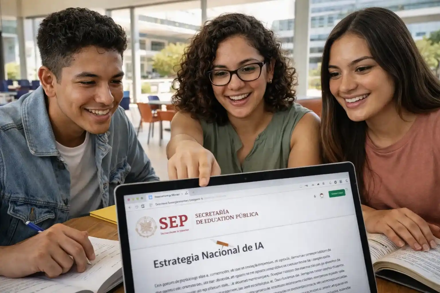 Estudiantes universitarios en México analizan la nueva estrategia de la SEP sobre inteligencia artificial en una computadora, enfocándose en la regulación ética y la alfabetización digital en el campus.