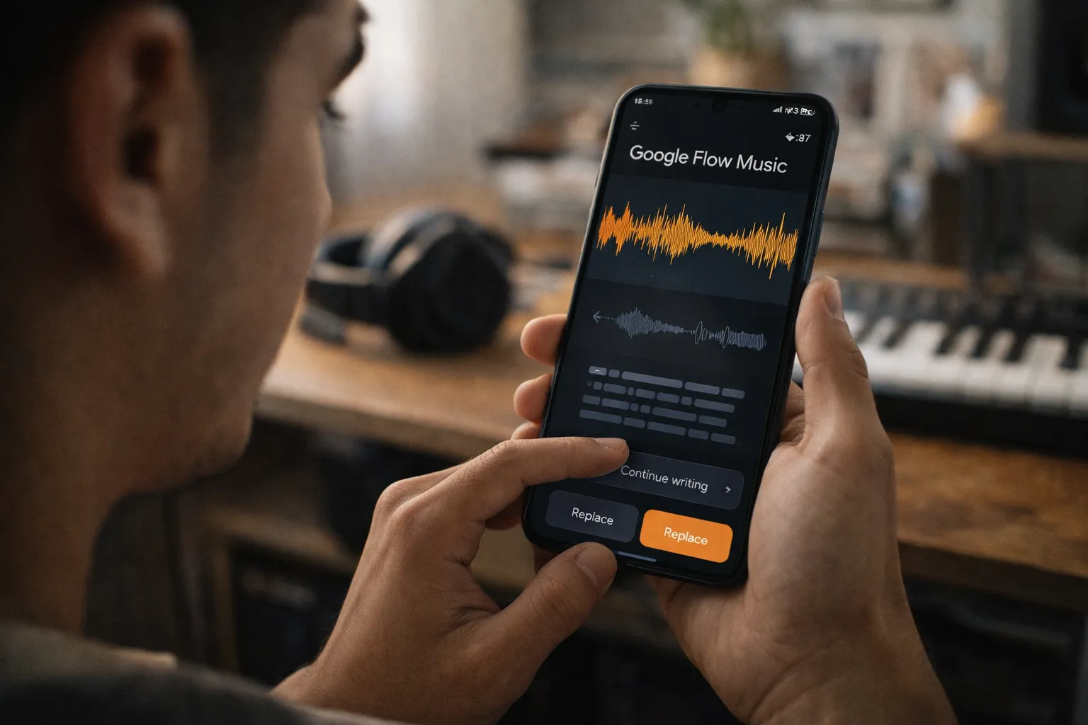 Un creador digital utiliza la nueva aplicación Google Flow Music en su smartphone para editar una pista musical con el motor Lyria 3 Pro, mostrando las funciones de edición inteligente en un entorno de estudio moderno.