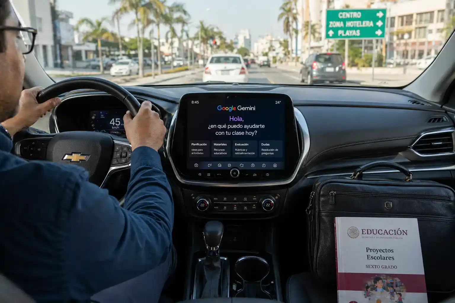 Un docente mexicano utiliza la inteligencia artificial Google Gemini integrada en su vehículo General Motors para dictar notas de planeación escolar y gestionar sus tareas administrativas durante su trayecto al aula en 2026.
