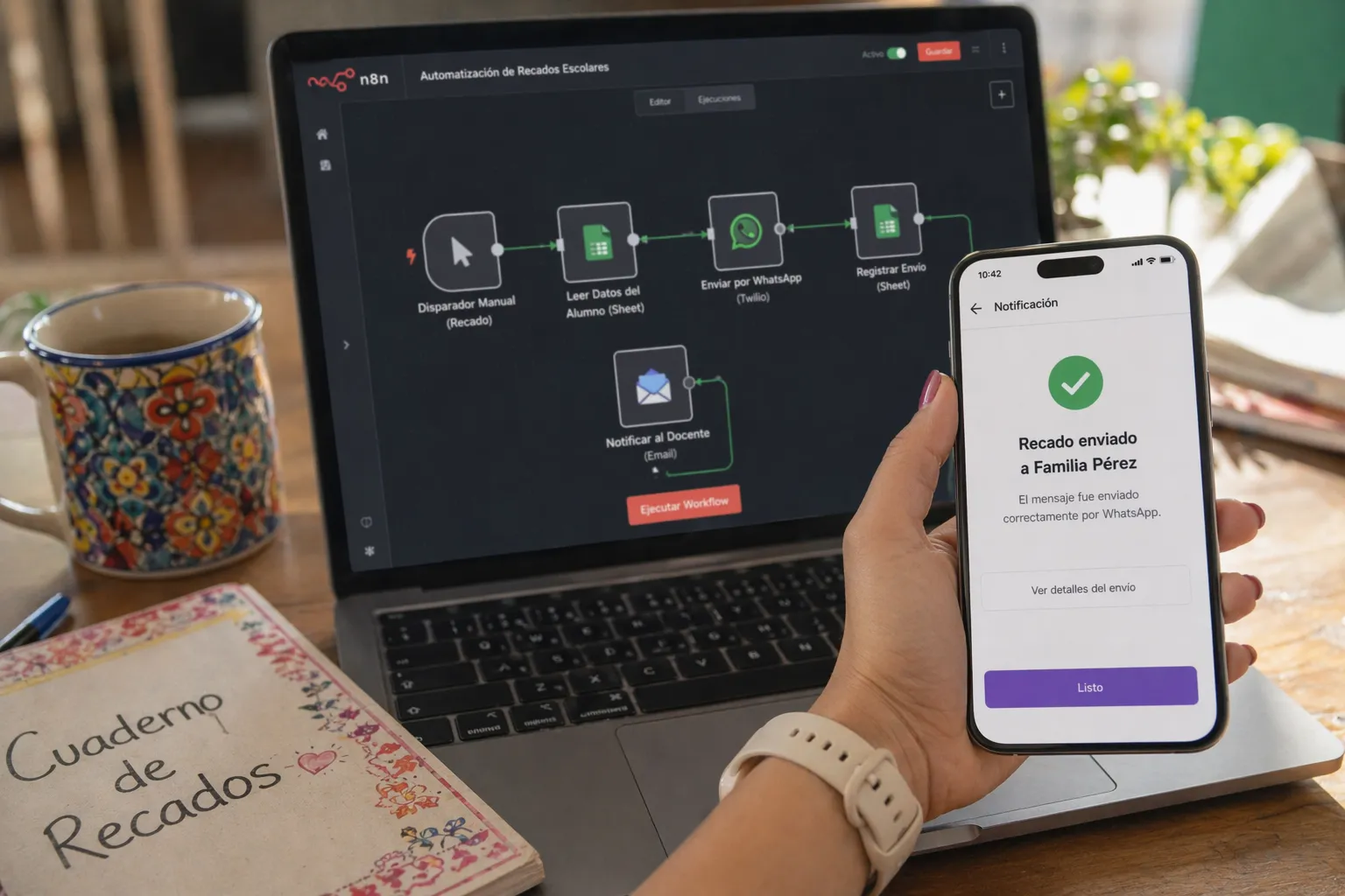Una maestra mexicana utiliza una automatización en n8n instalada en un VPS para enviar recados personalizados a padres de familia de forma masiva y eficiente, optimizando la comunicación escolar en 2026