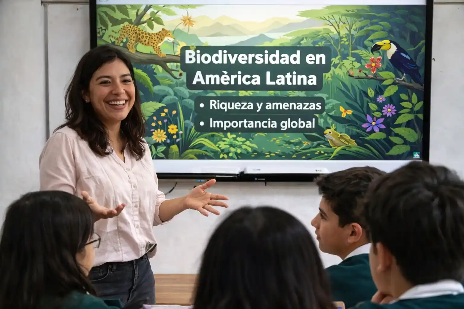 Una maestra de secundaria sonríe mientras usa una presentación profesional generada con inteligencia artificial sobre biodiversidad latinoamericana para fomentar el debate en un aula activa con sus estudiantes, siguiendo el modelo Flipped Classroom. Imagen tipo documental con luz natural.