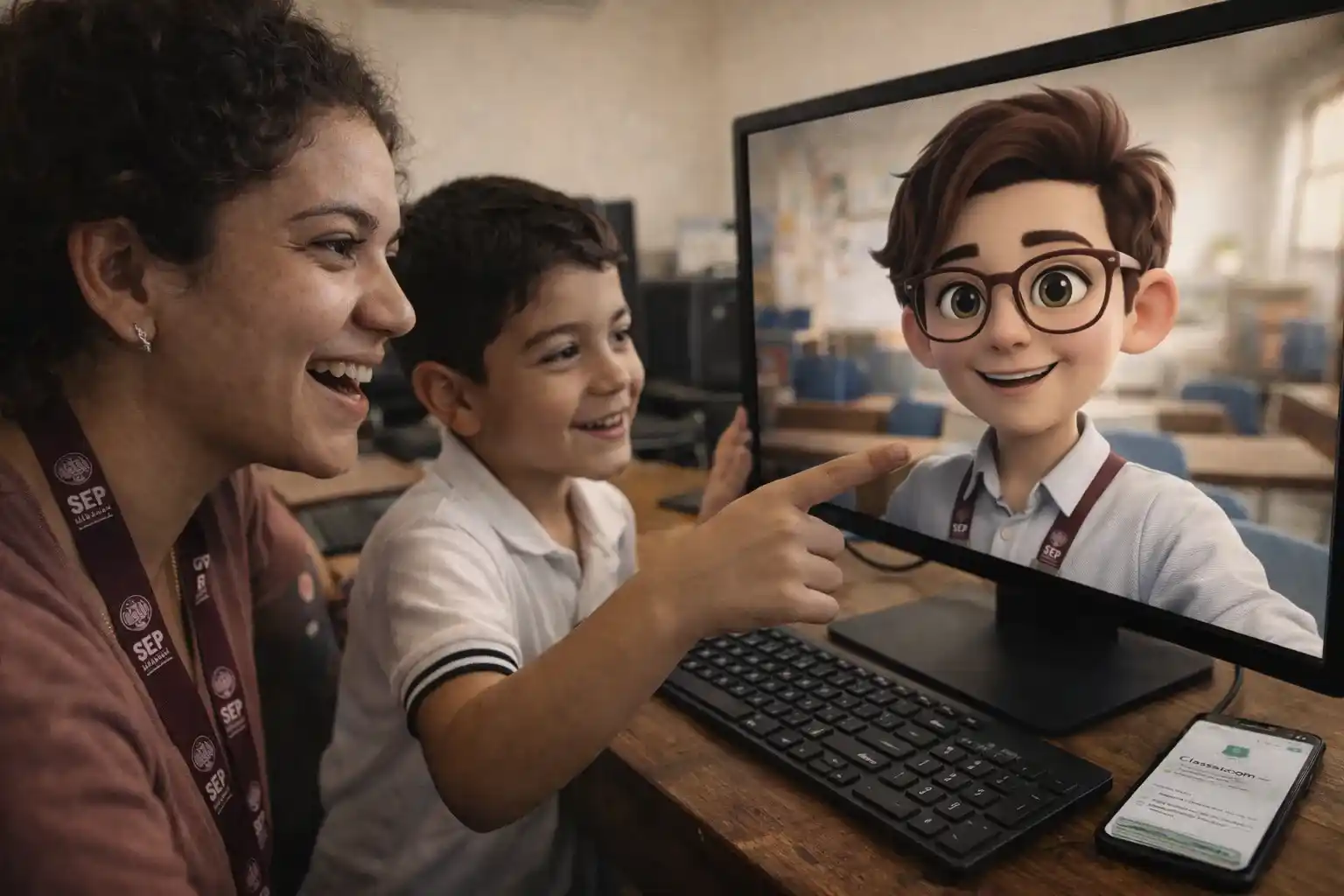 Una maestra de primaria mexicana sonríe junto a su alumno mientras utilizan la inteligencia artificial de Leonardo.ai en una computadora para crear un avatar educativo estilo 3D Pixar, en un aula con luz natural.