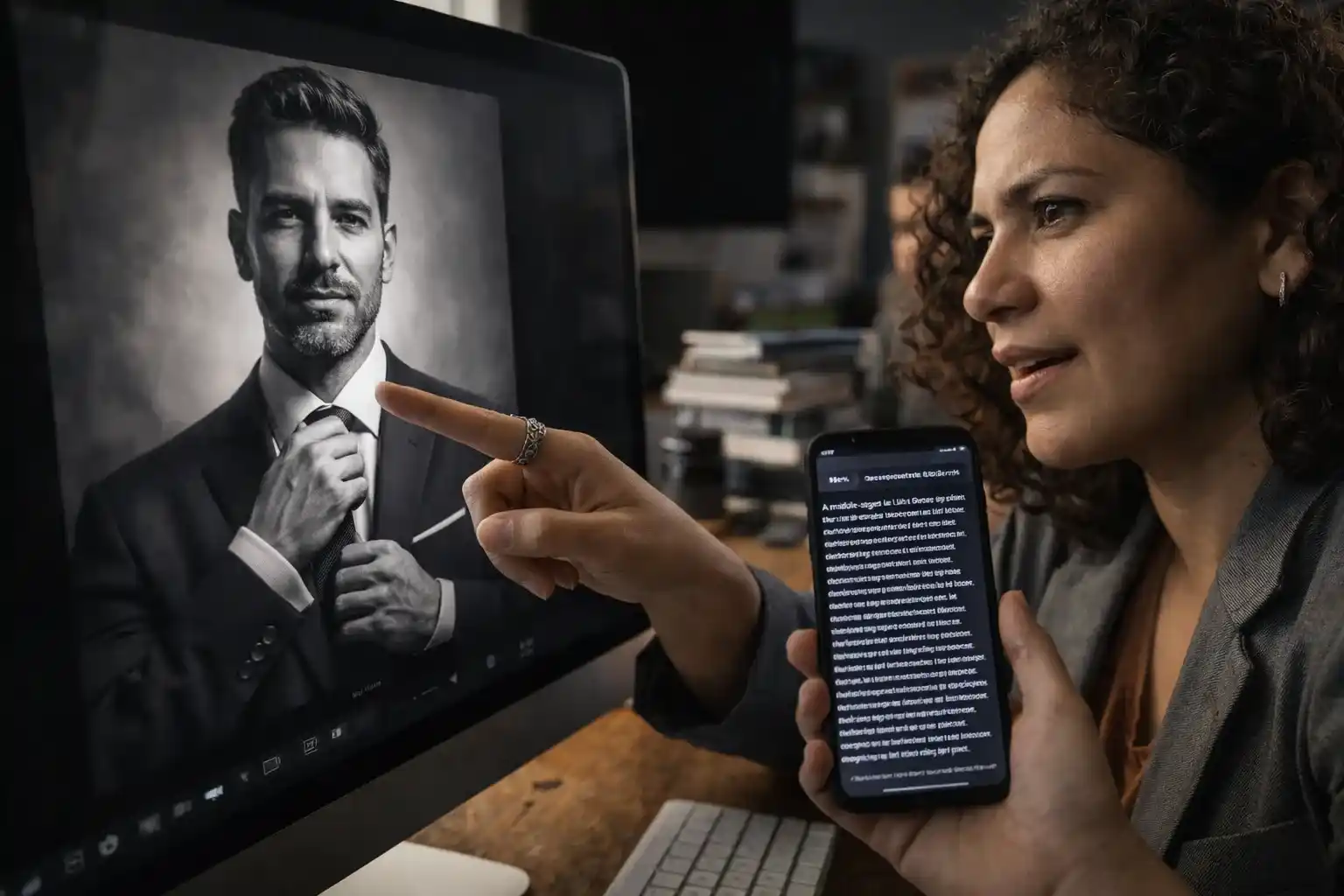 Una maestra de artes digitales en México enseña a un estudiante cómo dirigir la creación de un retrato fotorrealista en blanco y negro utilizando ingeniería de prompts avanzada en un monitor de alta resolución, en un estudio con luz natural.