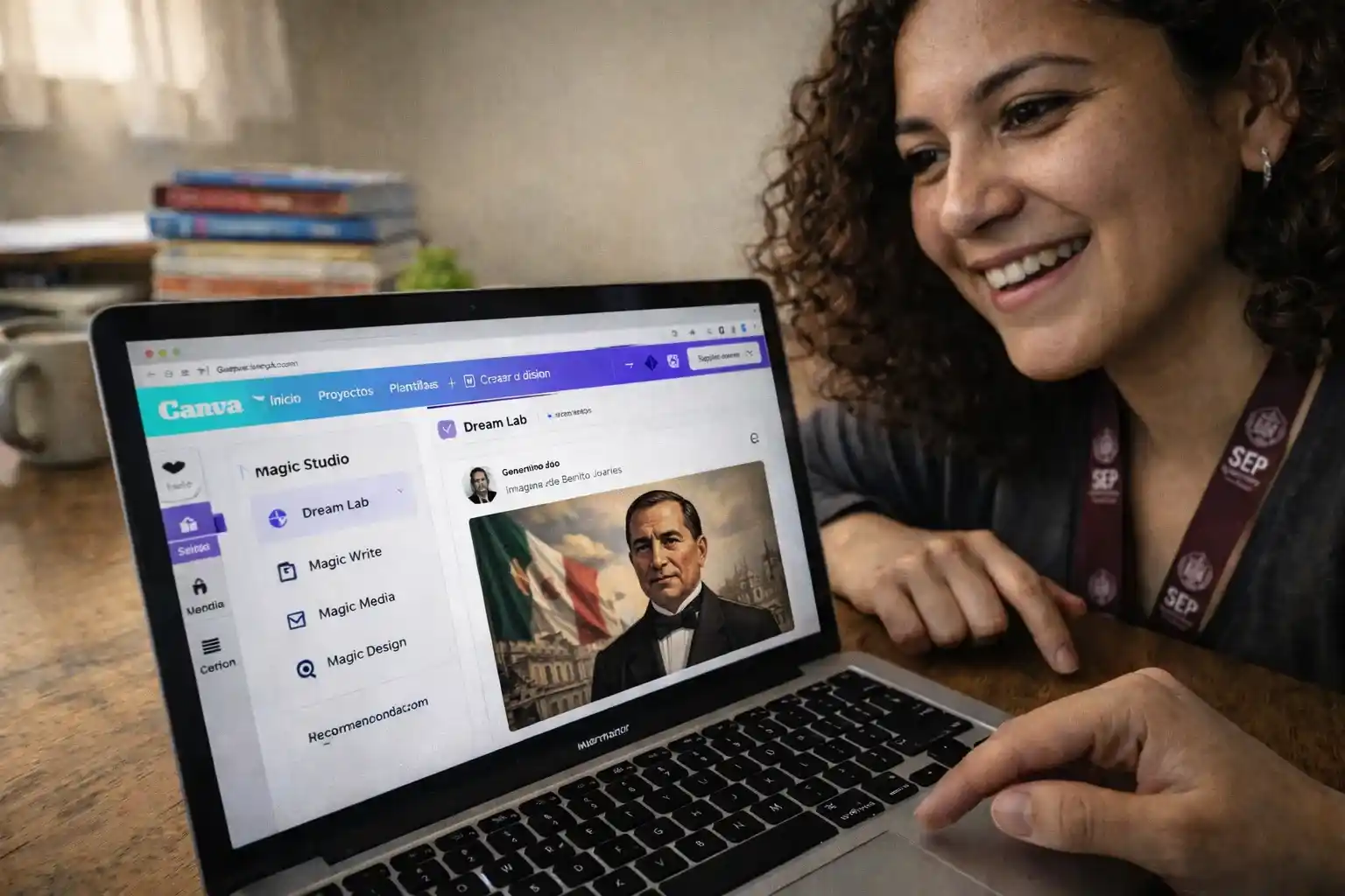 Una maestra de primaria mexicana sonríe mientras utiliza las herramientas de inteligencia artificial de Canva Magic Studio en su laptop para diseñar materiales didácticos inclusivos para la Nueva Escuela Mexicana, en un aula con luz natural.