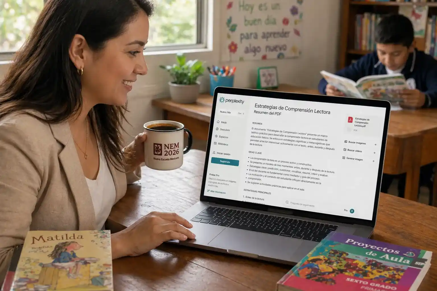Una maestra mexicana de primaria utiliza la inteligencia artificial conversacional Perplexity AI en español gratis en su laptop para hacer un resumen automático y veraz de un texto pedagógico con fuentes citadas, optimizando su tiempo de investigación en un estudio con luz natural.