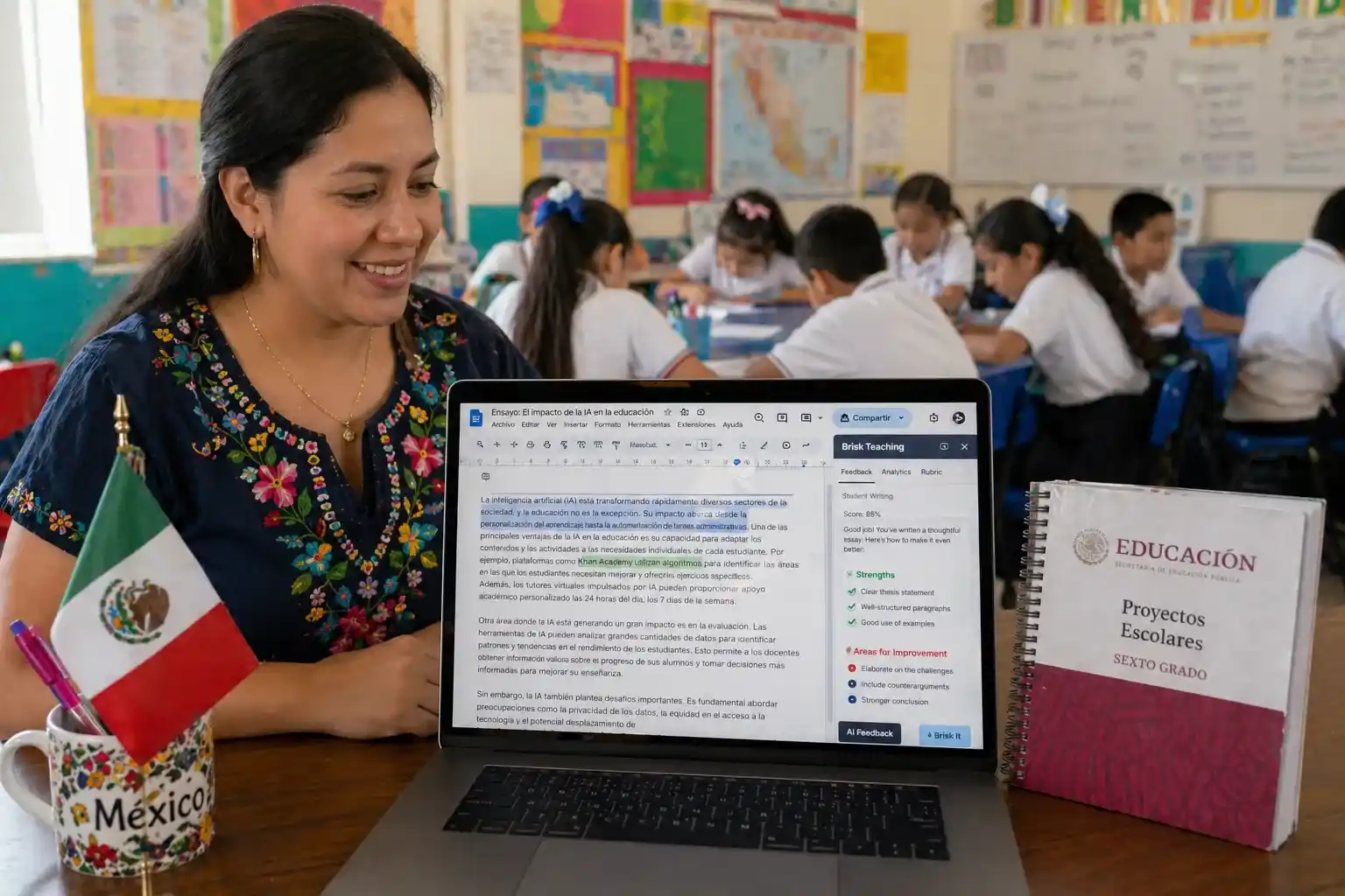 Una maestra de primaria en México utiliza la extensión Brisk Teaching en su computadora para calificar ensayos y proporcionar retroalimentación cualitativa automatizada en Google Docs bajo el marco de la NEM en 2026