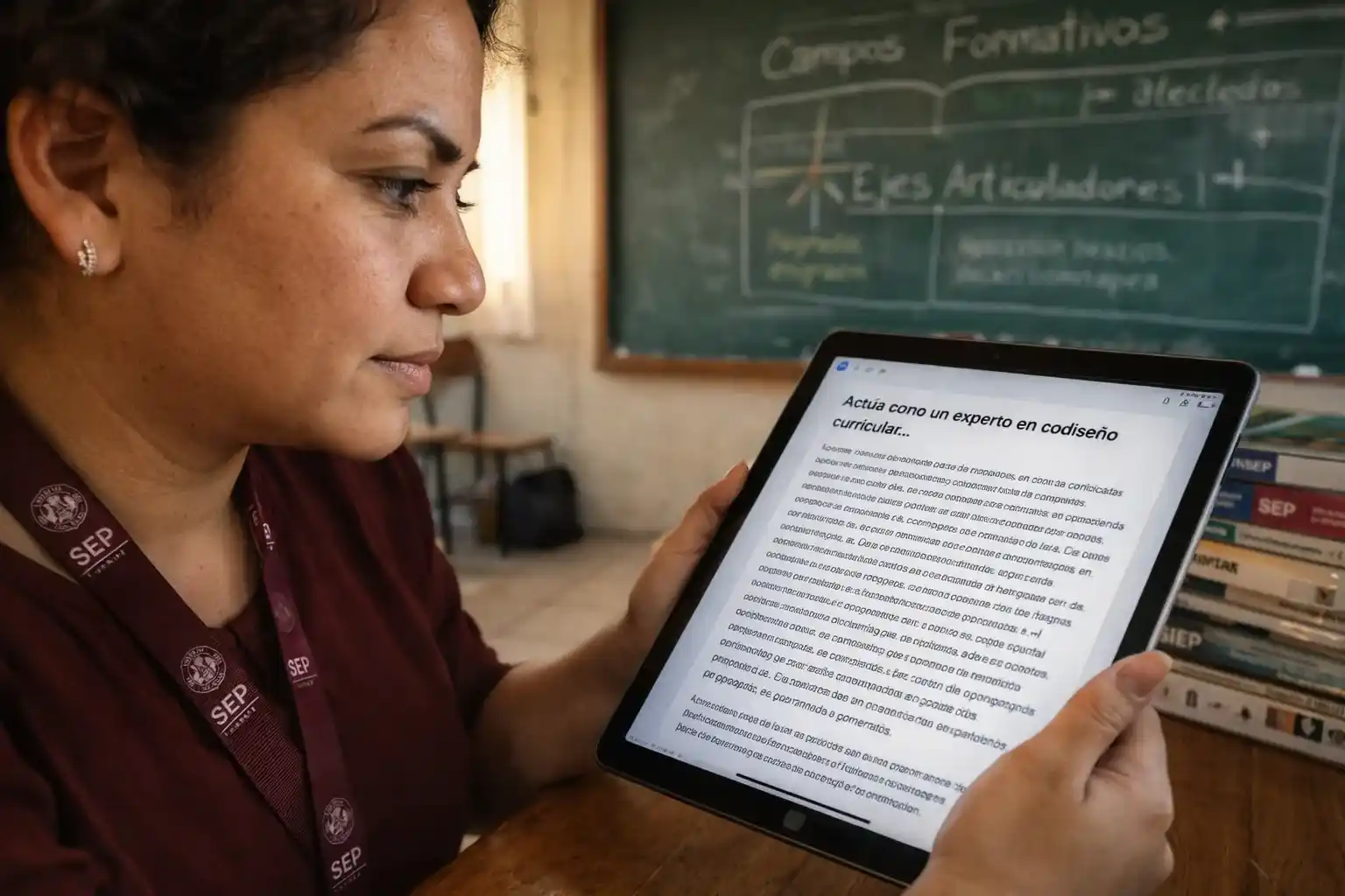 Una maestra mexicana de primaria utiliza una tableta para redactar prompts detallados alineados con la Nueva Escuela Mexicana (NEM) y la SEP durante su planeación didáctica en un aula con luz natural.