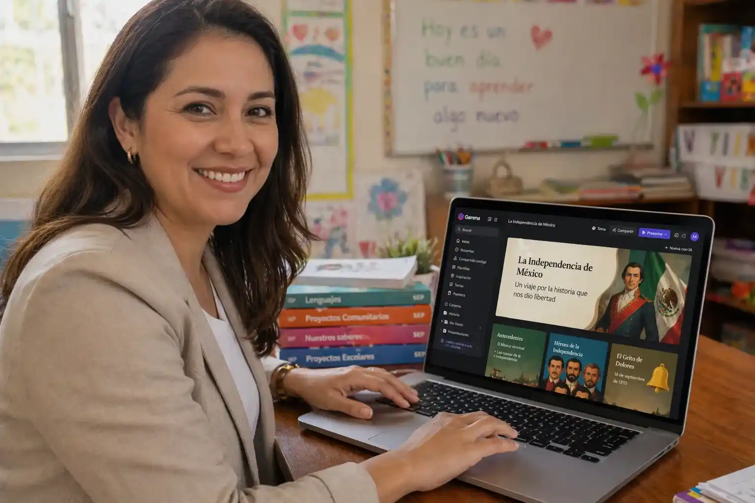 Una maestra de primaria en México utiliza la aplicación Gamma App en su computadora para generar automáticamente una presentación educativa sobre historia, optimizando su tiempo de planeación en un aula con luz natural.