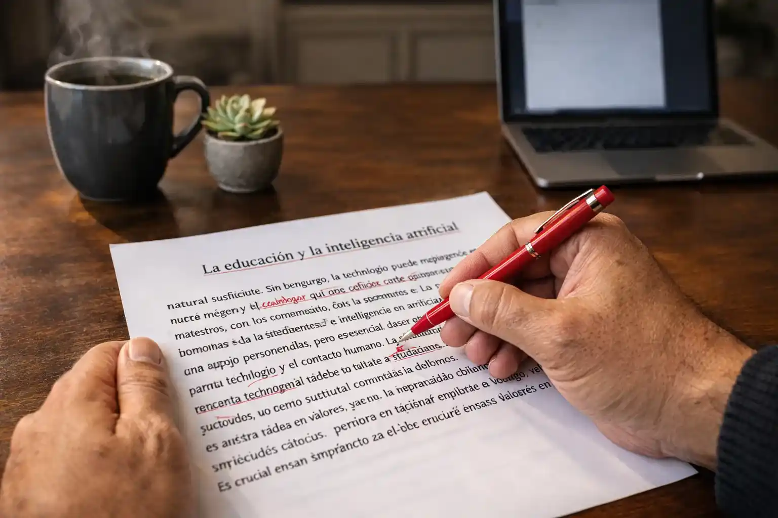 Un profesor latino realiza anotaciones manuales con un bolígrafo rojo sobre un ensayo impreso generado por IA, aportando su voz personal y pedagógica en un escritorio con luz natural