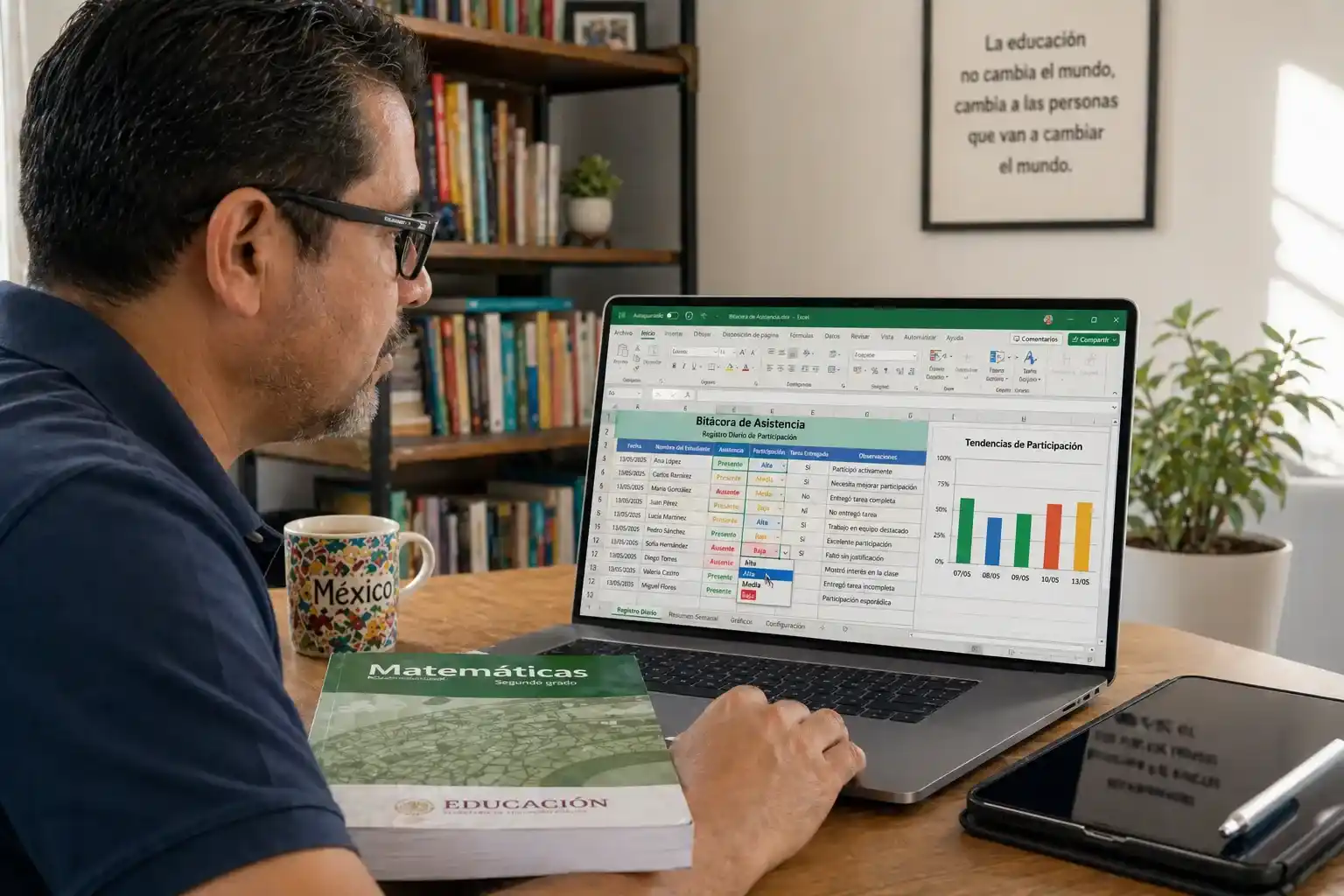 Un maestro mexicano utiliza una bitácora de asistencia digital en Excel con listas desplegables e inteligencia artificial para analizar el progreso de sus alumnos de forma eficiente en 2026.