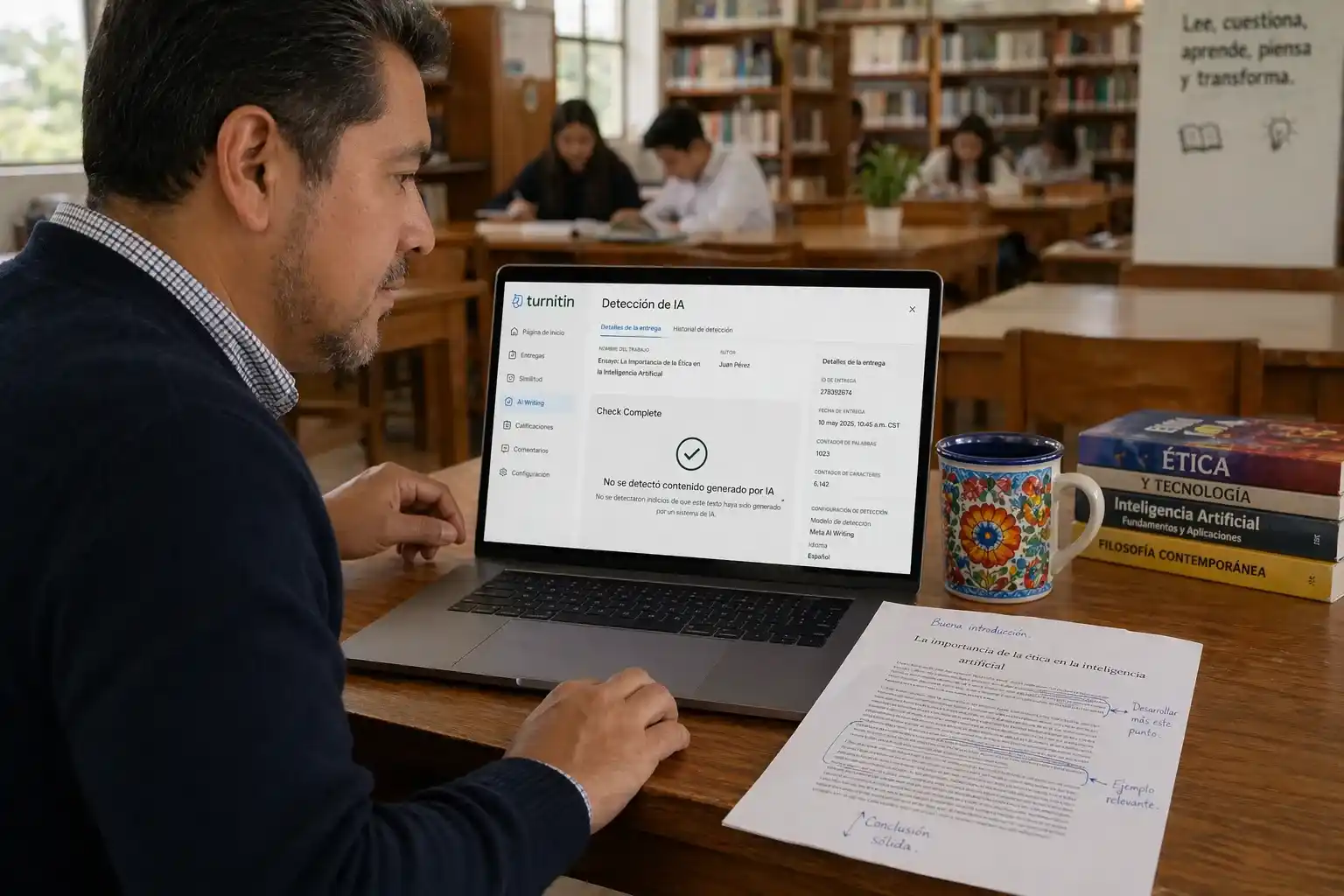 Un docente de bachillerato en México utiliza el detector de IA de Turnitin en su computadora para validar la autoría y originalidad de los ensayos de sus alumnos, promoviendo la ética y la integridad académica en 2026.