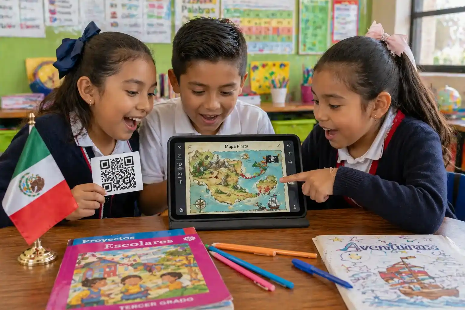 Un grupo de niños de primaria en México utiliza una tableta y códigos QR para resolver las pistas de un mapa del tesoro generado con inteligencia artificial, fomentando el trabajo en equipo y la gamificación en el aula.