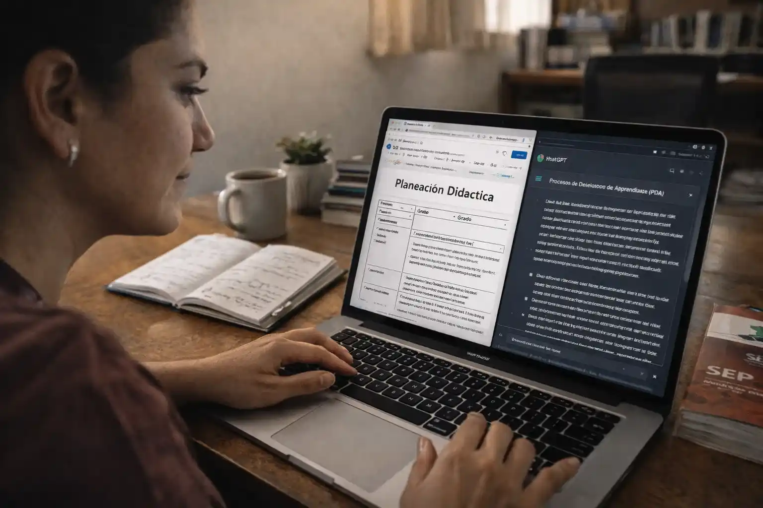 Una docente mexicana realiza su planeación educativa siguiendo la Nueva Escuela Mexicana utilizando ChatGPT en su laptop para vincular contenidos y PDA, en un escritorio con luz natural y materiales oficiales de la SEP.