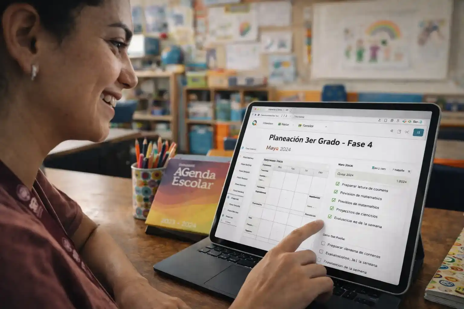 Una maestra de tercer grado de primaria en México organiza su planeación didáctica de la Fase 4 usando una agenda escolar digital en Notion y herramientas de IA, en un aula moderna y colorida con luz natural.