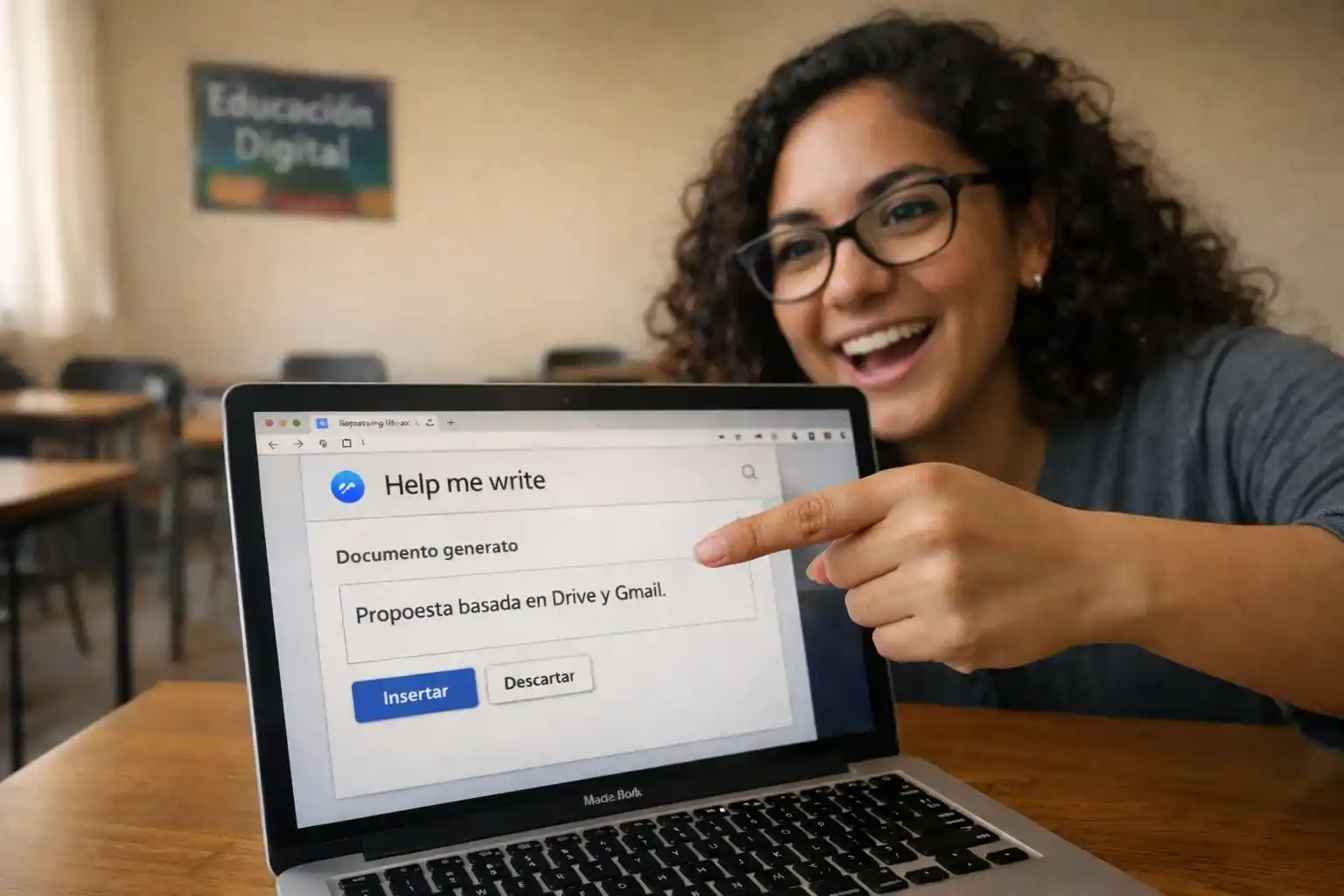Una profesional educativa latina sonríe mientras usa la función de redacción contextual de Gemini en Google Docs en su MacBook para generar automáticamente una propuesta de proyecto basándose en archivos de su Drive y correos de Gmail, en un entorno de aula moderna con luz natural.