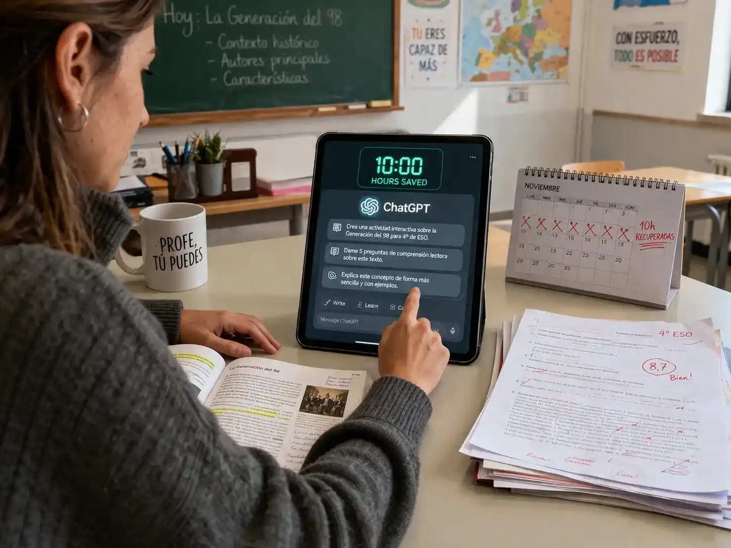 Maestra de Latinoamérica usando ChatGPT en su tableta para ahorrar tiempo en el aula, con luz natural y ambiente educativo innovador.