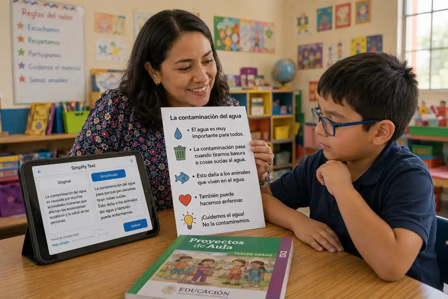 Una maestra mexicana presenta adaptaciones curriculares ejemplos a un alumno usando materiales simplificados por IA para mejorar la comprensión y la inclusión en el aula de 2026.