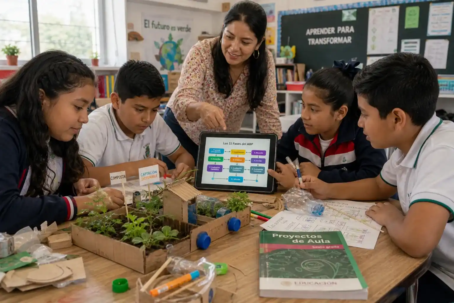 Estudiantes mexicanos colaboran en un proyecto de huerta escolar (ABP) utilizando una tableta con IA para organizar las fases del codiseño, guiados por su maestra en un aula de 2026.