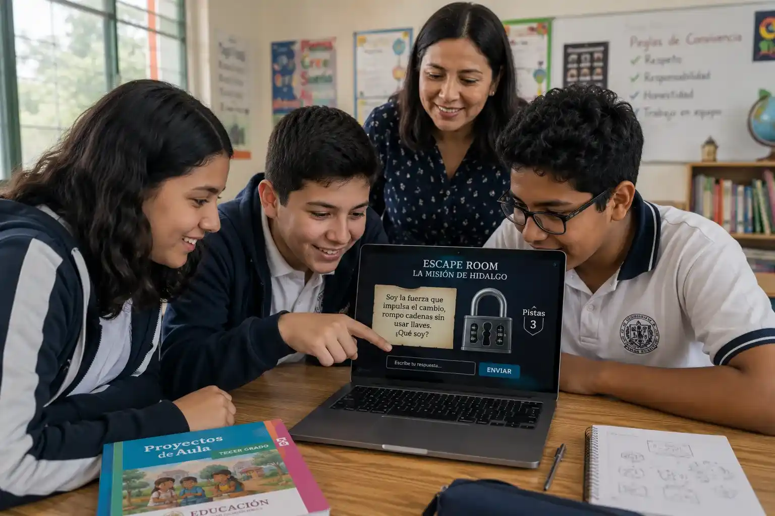 Estudiantes de secundaria en México colaboran para resolver un escape room digital diseñado con Genially e IA, fomentando el pensamiento crítico en el aula de 2026.