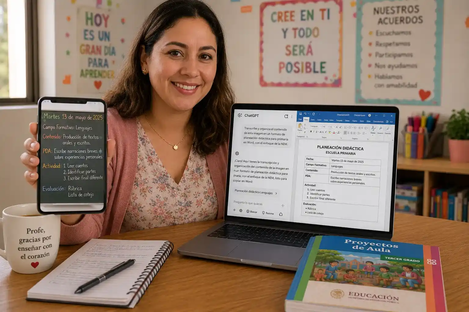 Maestra mexicana utiliza la visión por inteligencia artificial en su laptop para convertir png a word a partir de una foto de su pizarra en el ciclo