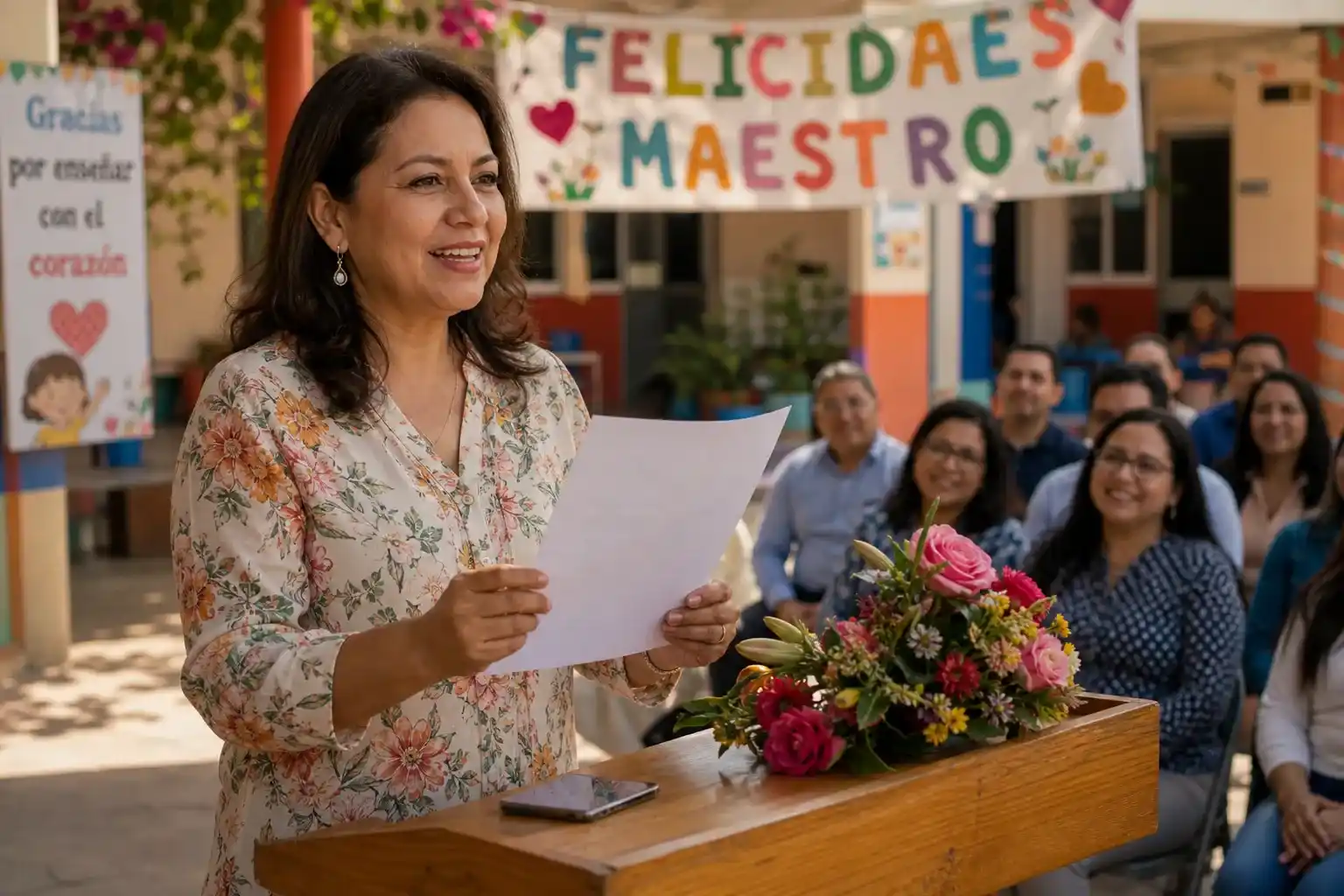 Maestra mexicana de primaria pronunciando un discurso día del maestro cortos y emotivo frente a sus colegas durante el festival del 15 de mayo de 2026
