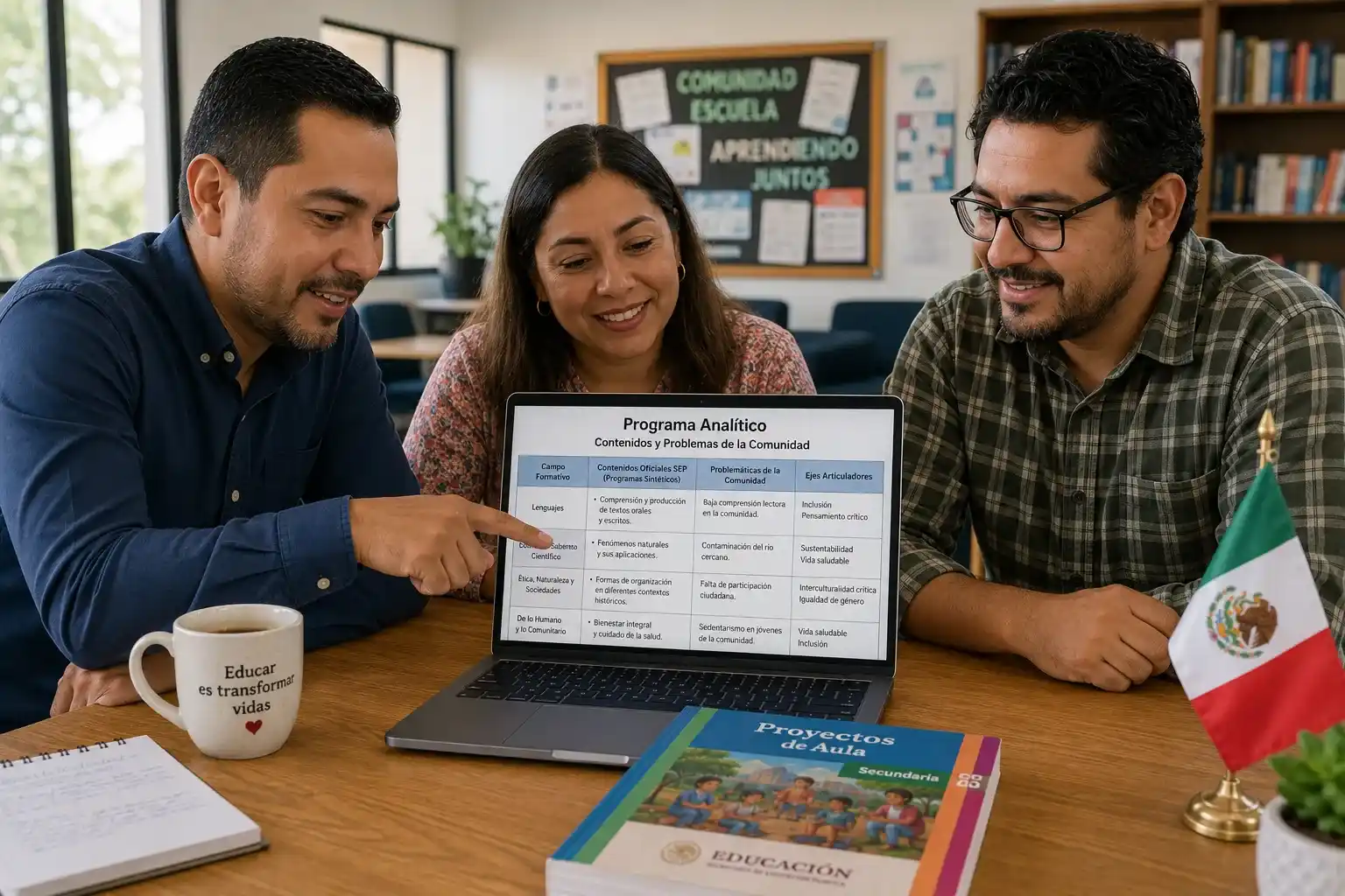 Profesores mexicanos colaboran en equipo utilizando ChatGPT en una laptop para estructurar un ejemplo de programa analitico contextualizado en la NEM para 2026.