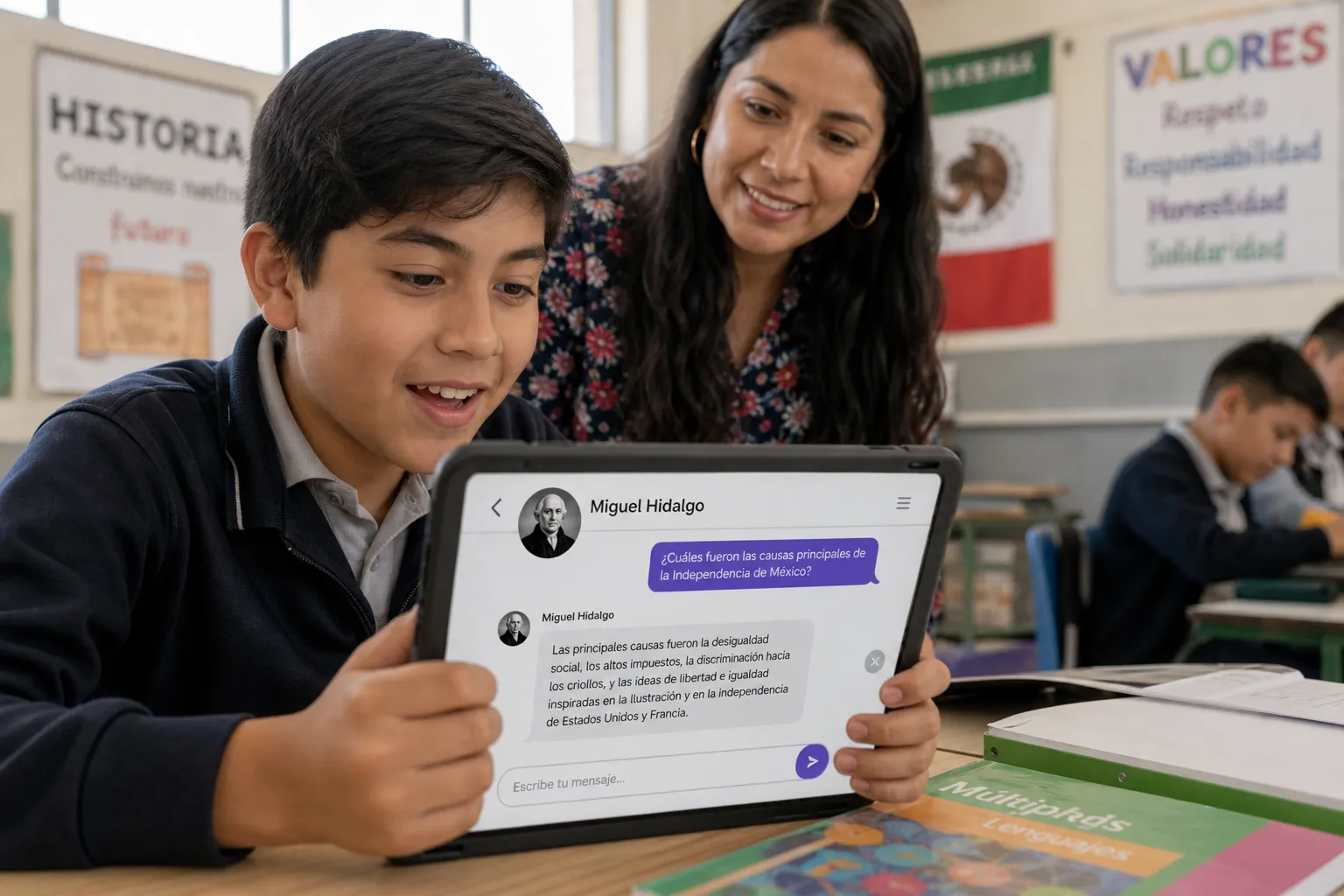 Un alumno mexicano realiza una entrevista a un personaje histórico utilizando un chatbot de IA en su tableta bajo la supervisión de su maestra en 2026.