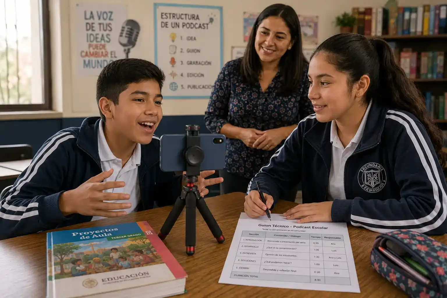 Estudiantes de secundaria en México graban un podcast escolar usando un teléfono inteligente y revisando la estructura del guion técnico en su aula de 2026.