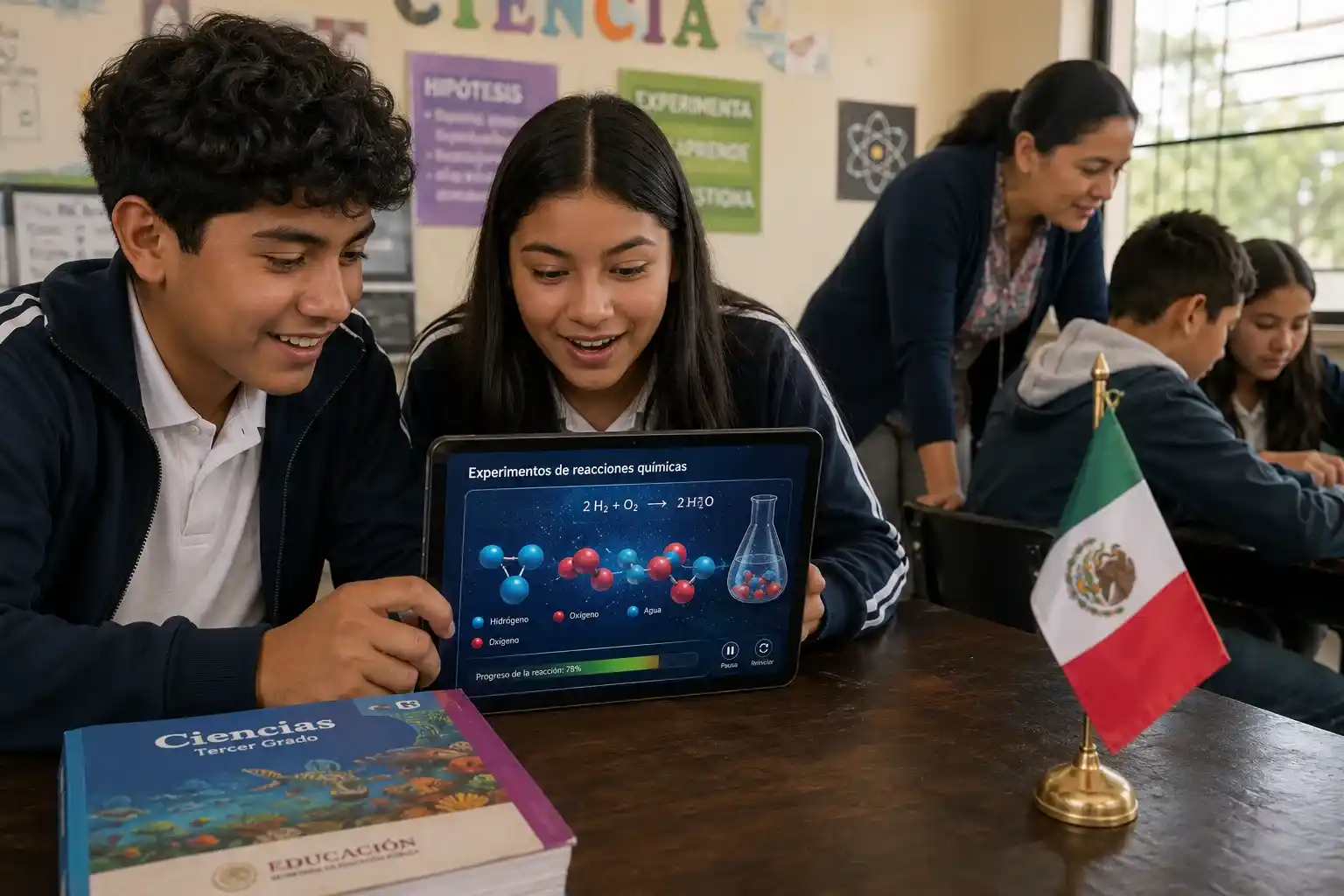 Estudiantes mexicanos de secundaria realizan experimentos de reacciones químicas de forma segura mediante un laboratorio digital guiado por IA en su aula de 2026.
