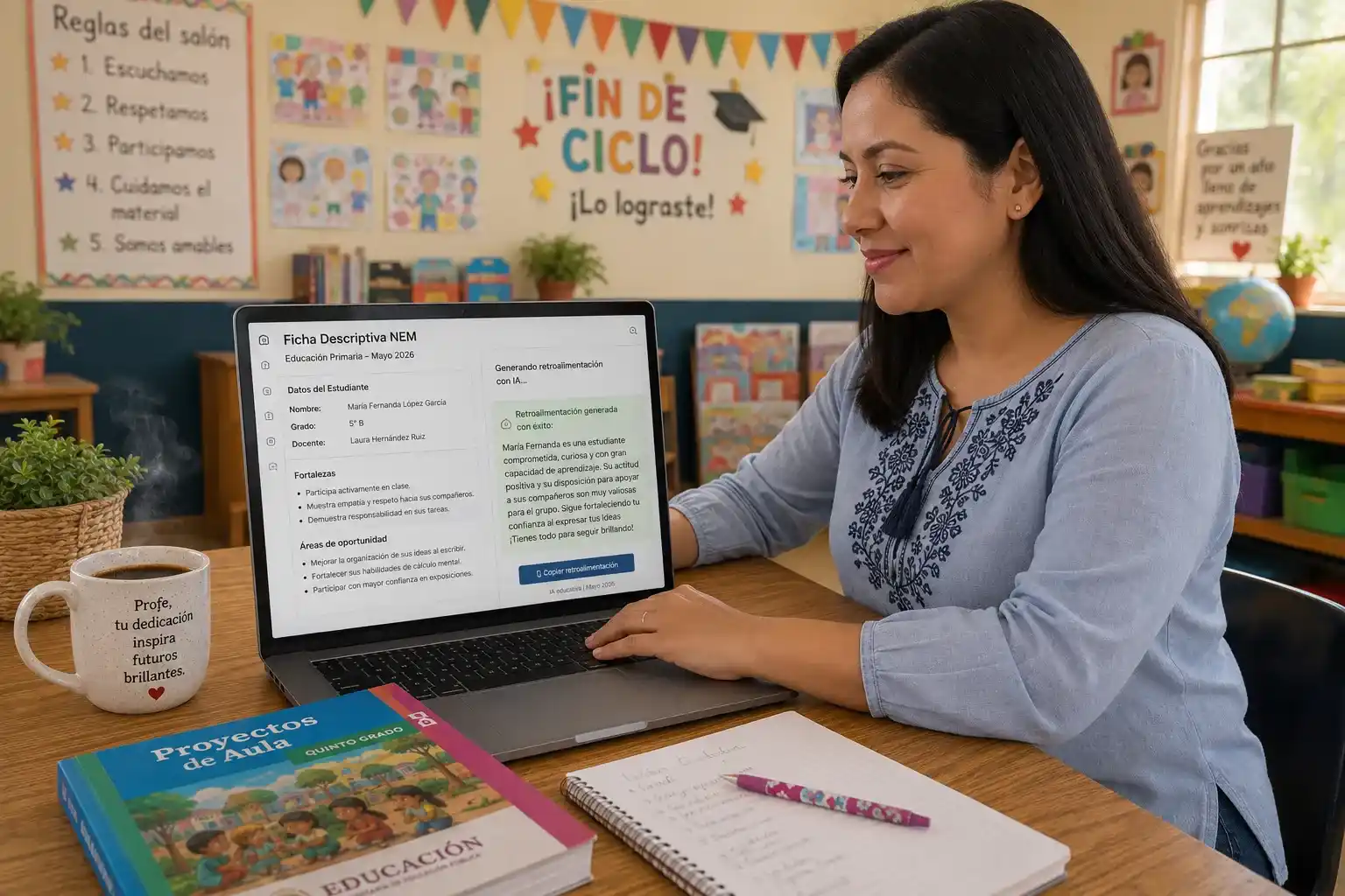 Maestra mexicana de primaria redactando fichas descriptivas NEM 2026 usando inteligencia artificial para agilizar la carga administrativa de fin de ciclo de forma profesional.