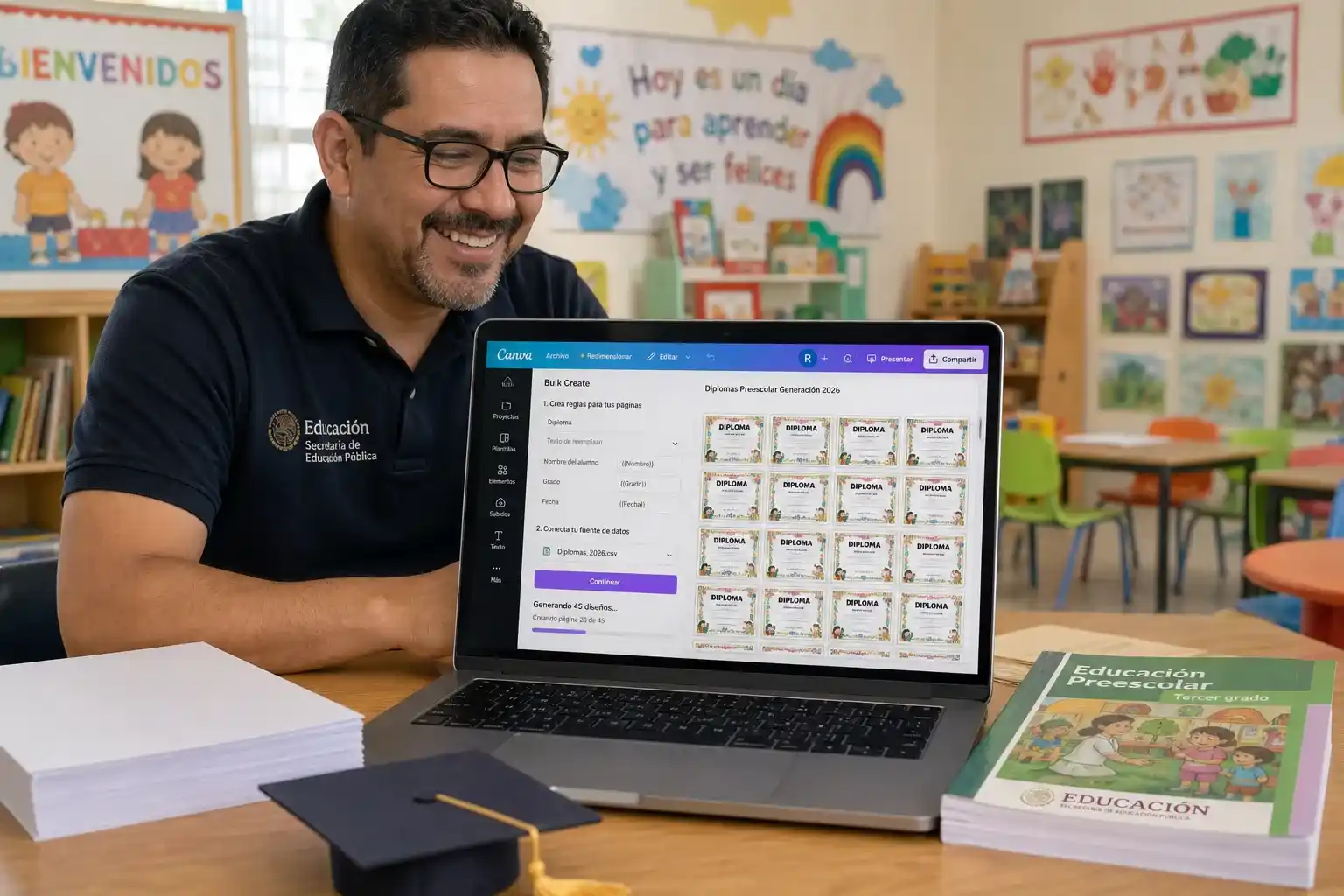 Maestro mexicano utiliza la función de crear en lote de Canva para generar diplomas de preescolar de forma masiva y eficiente para el fin de curso 2026.