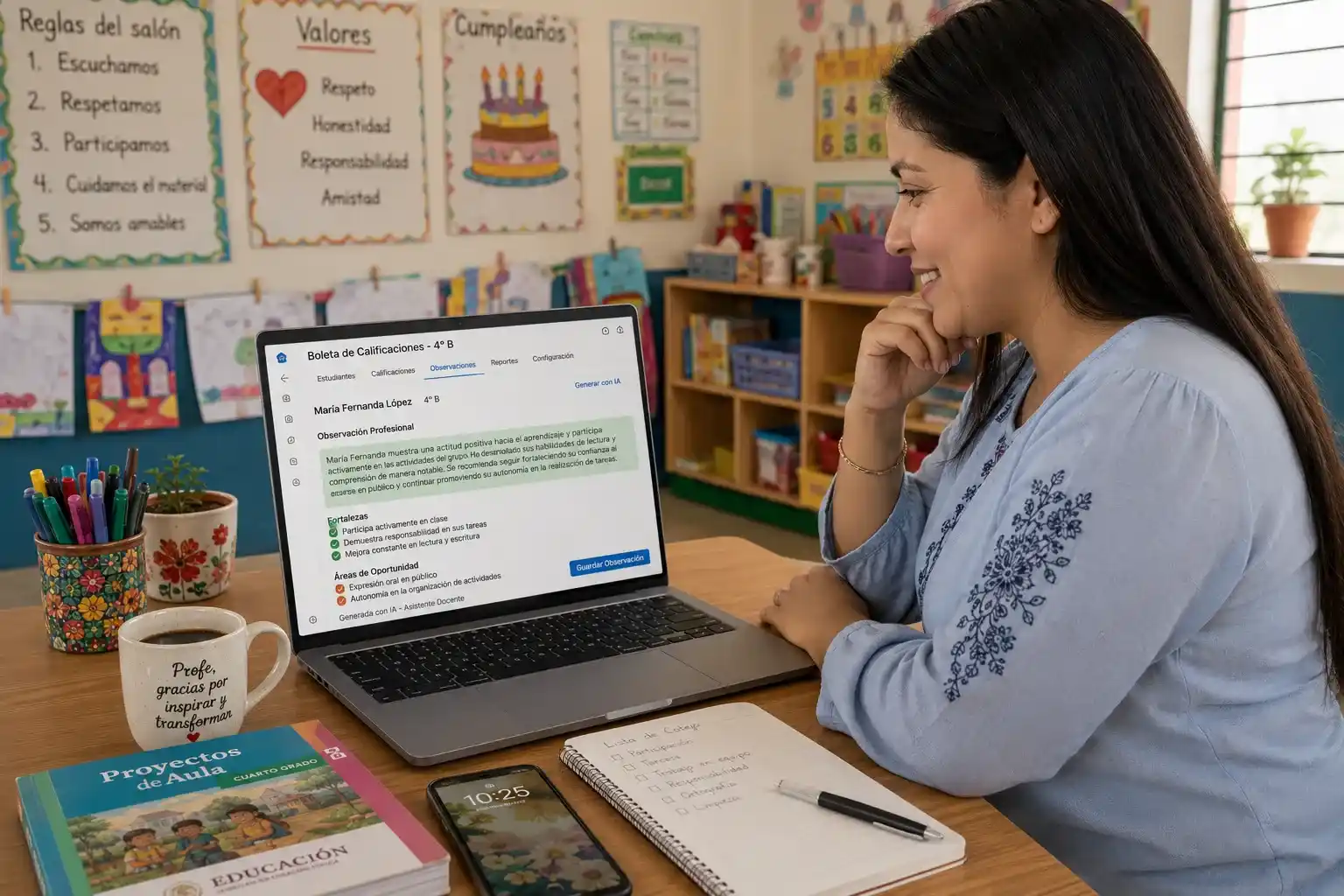 Una docente mexicana utiliza inteligencia artificial para redactar frases para boletas de evaluación de forma rápida y profesional en su aula durante el cierre de ciclo 2026.