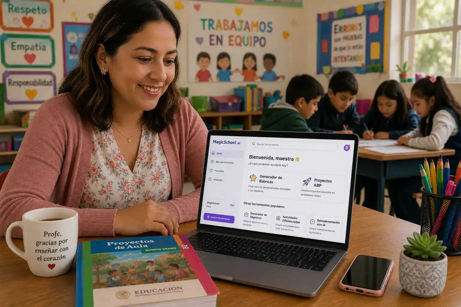 Maestra mexicana utiliza la plataforma MagicSchool.ai en su laptop para diseñar rúbricas y proyectos de la NEM de forma eficiente en su salón de clases en 2026.