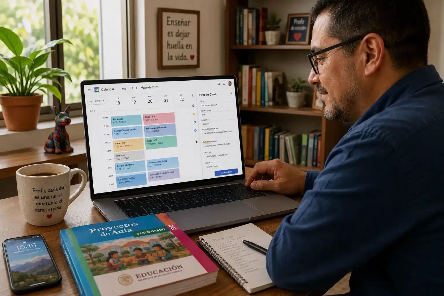 Un maestro mexicano utiliza la técnica de Time Blocking en su computadora para organizar su plan de clase formato y sus tareas administrativas con ayuda de IA