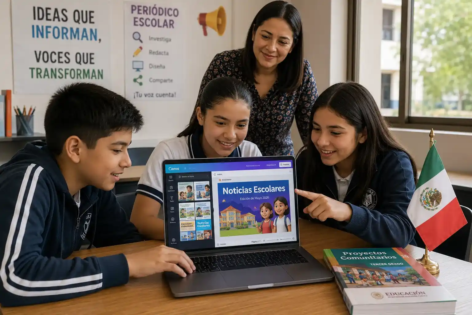 Alumnos mexicanos de primaria editan colaborativamente una plantilla periódico escolar digital en una laptop usando herramientas de IA en 2026.