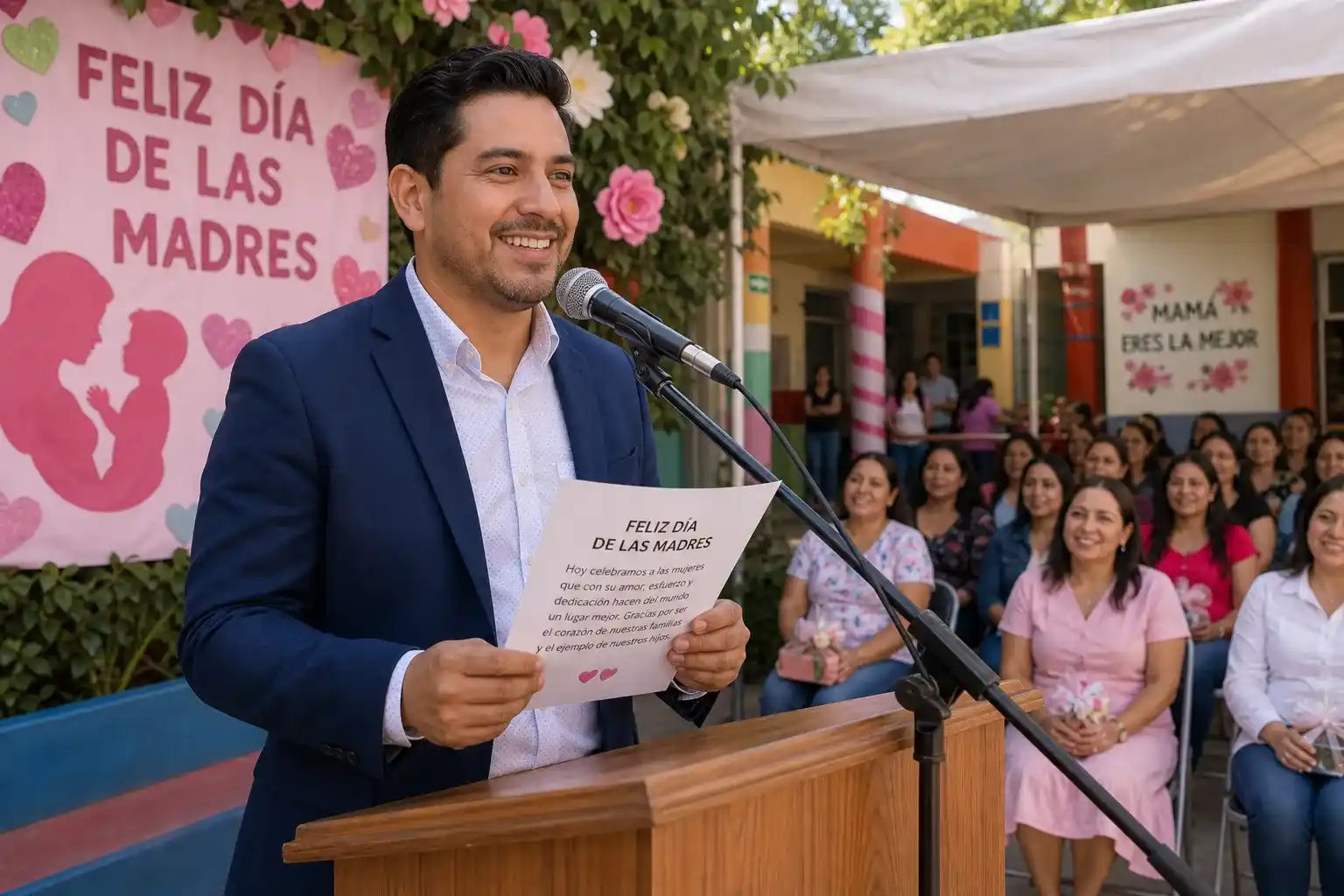 Un maestro mexicano conduce el programa para el día de las madres escolar 2026 utilizando un guion organizado por inteligencia artificial en un patio escolar decorado.