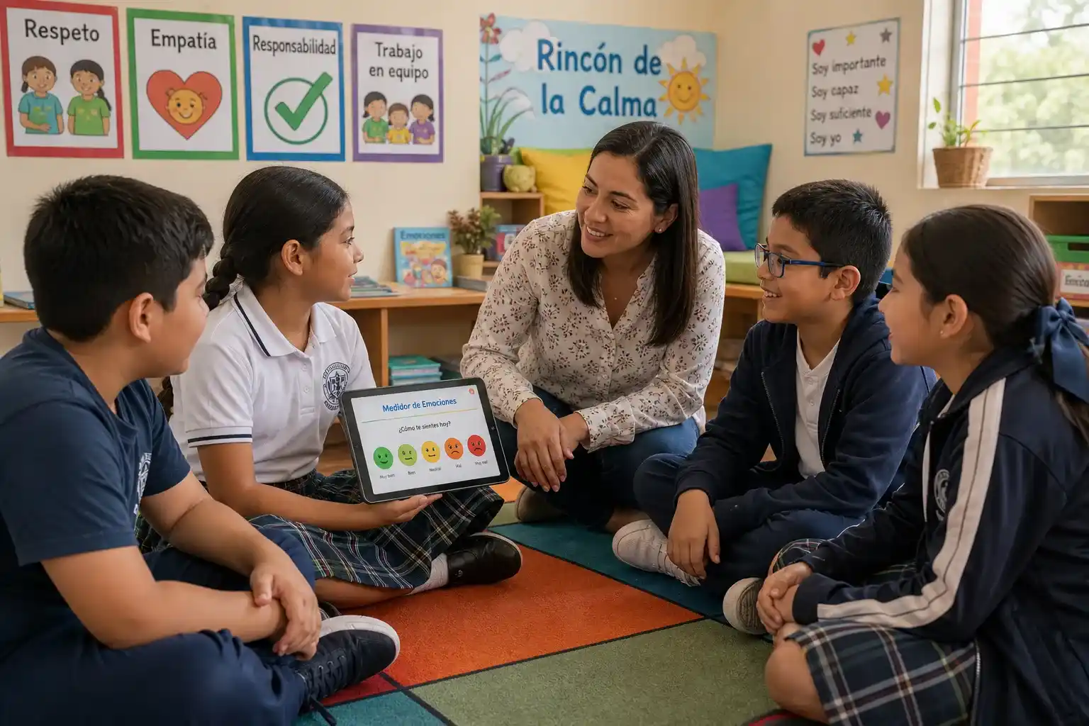 Una maestra mexicana utiliza recursos socioemocionales digitales en una tableta para analizar el clima escolar y fomentar la empatía entre sus alumnos en 2026.