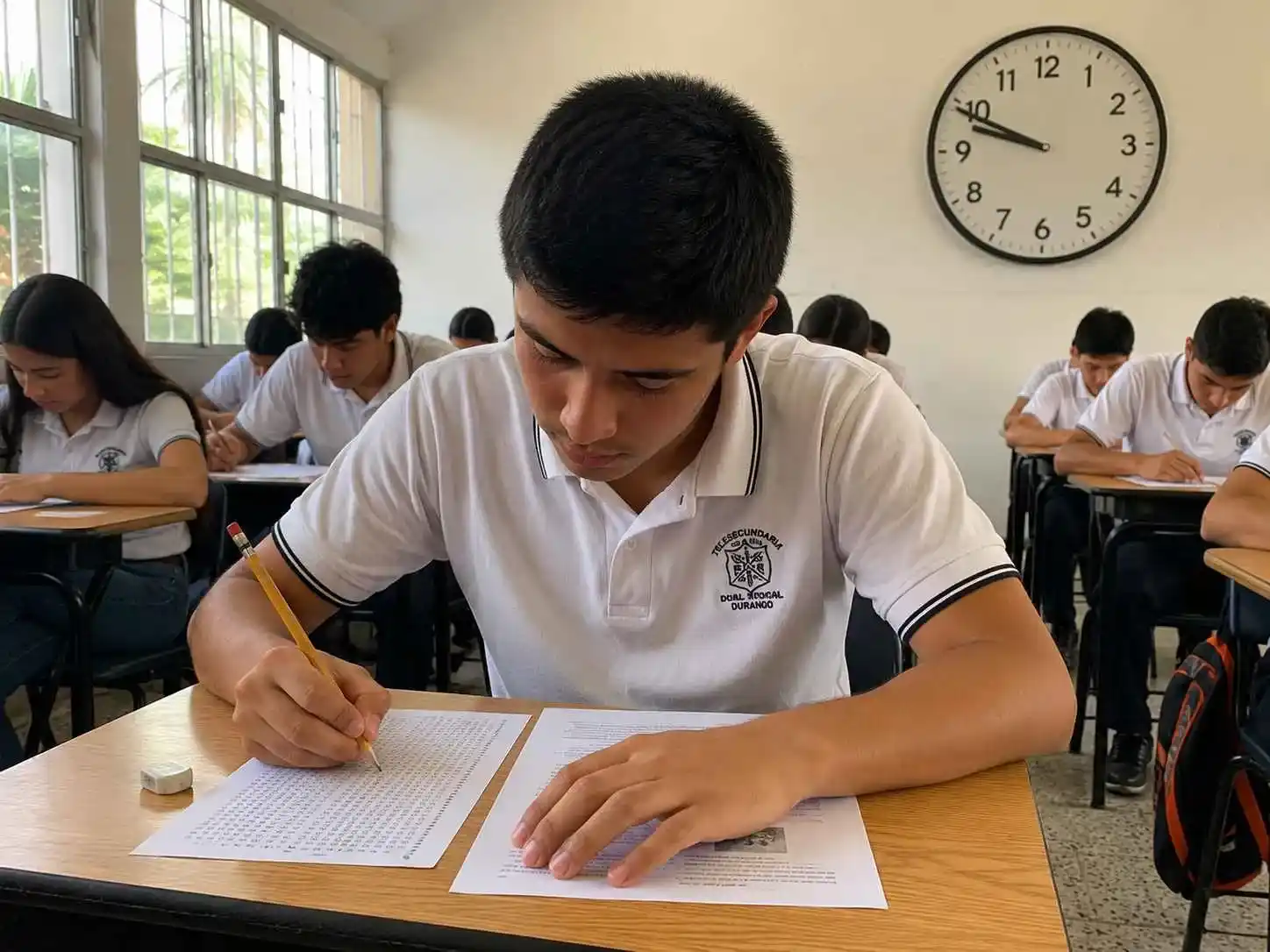Estudiante de preparatoria en México concentrado rellenando una hoja de respuestas durante un simulacro de examen de admisión organizado en el salón de clases con luz natural.