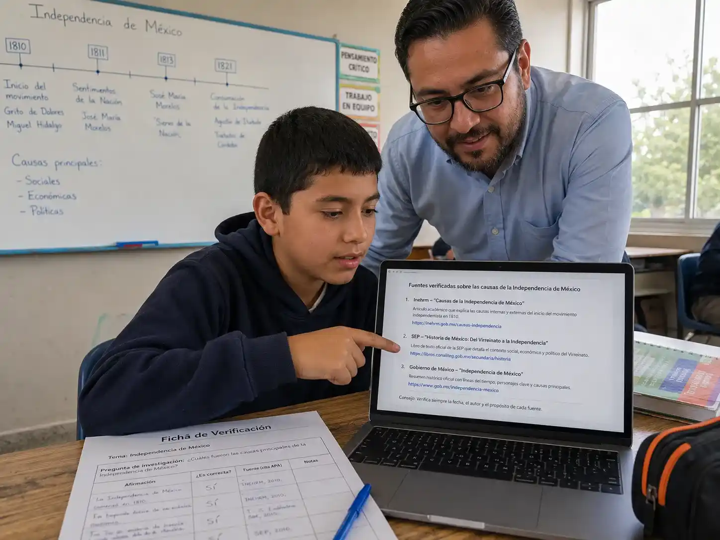 Profesor de secundaria en México orientando a su alumno sobre cómo verificar información académica y consultar ejemplos de fuentes históricas confiables usando Perplexity AI en una computadora.
