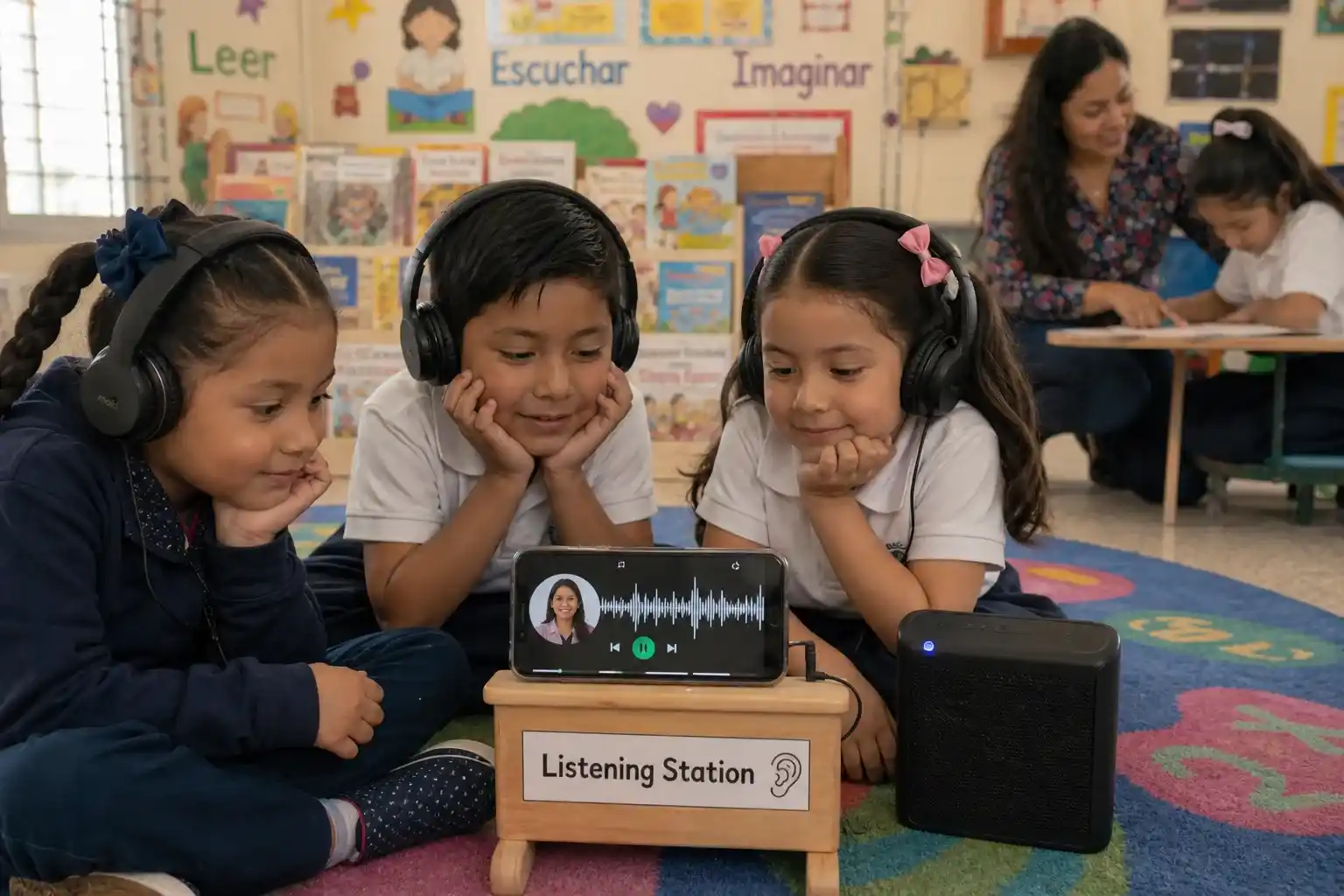 Estudiantes mexicanos en una estación de escucha disfrutan de un cuento narrado por la voz clonada de su maestra mediante IA, permitiendo la atención personalizada en el aula