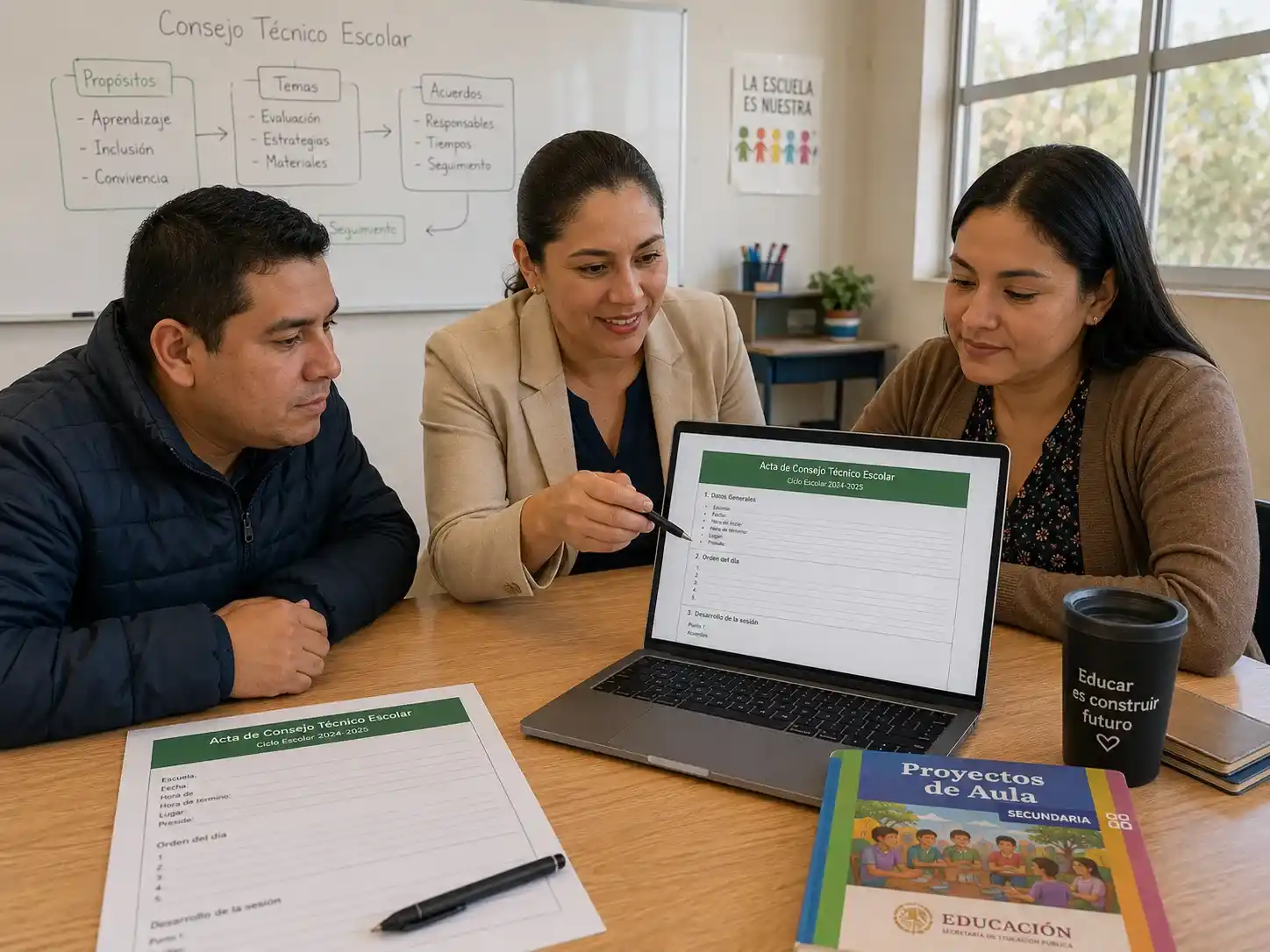 Directora y profesores en México revisando los acuerdos institucionales y aprendiendo cómo hacer una minuta de una reunión de Consejo Técnico Escolar usando plantillas de Inteligencia Artificial en una laptop.